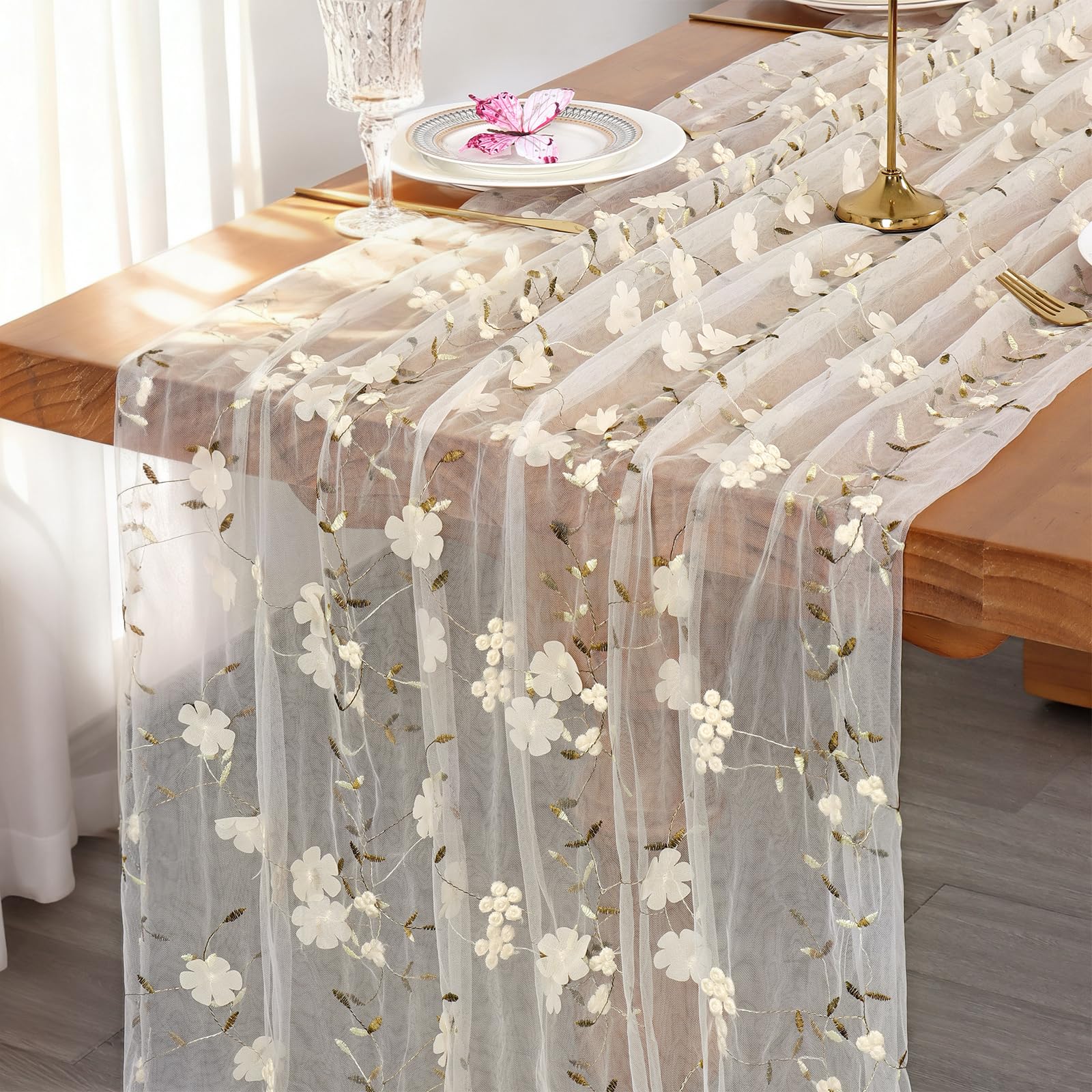 Weldomcor White Gauze Table Runner, 70 × 300 cm Sheer Cheesecloth Table Runners with Embroidery 3D Flower Spring Seasonal Table Decor for Kitchen Dining Coffee Wedding Arch Birthday Party