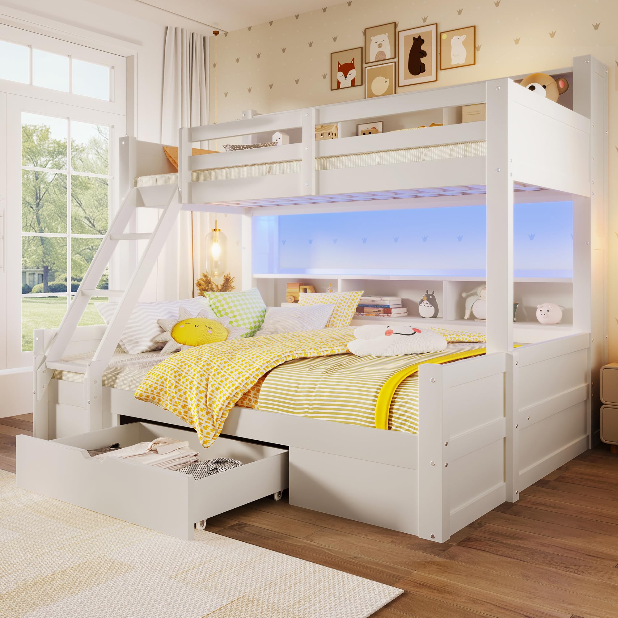 Litera de 90(140) x200 cm con Luz LED y Compartimentos Abiertos, Cama Litera Matrimonio con Cajón y Escalera, Cama Infantil Literas Infantiles con Barandilla Anticaída, Sin Colchón, Blanco