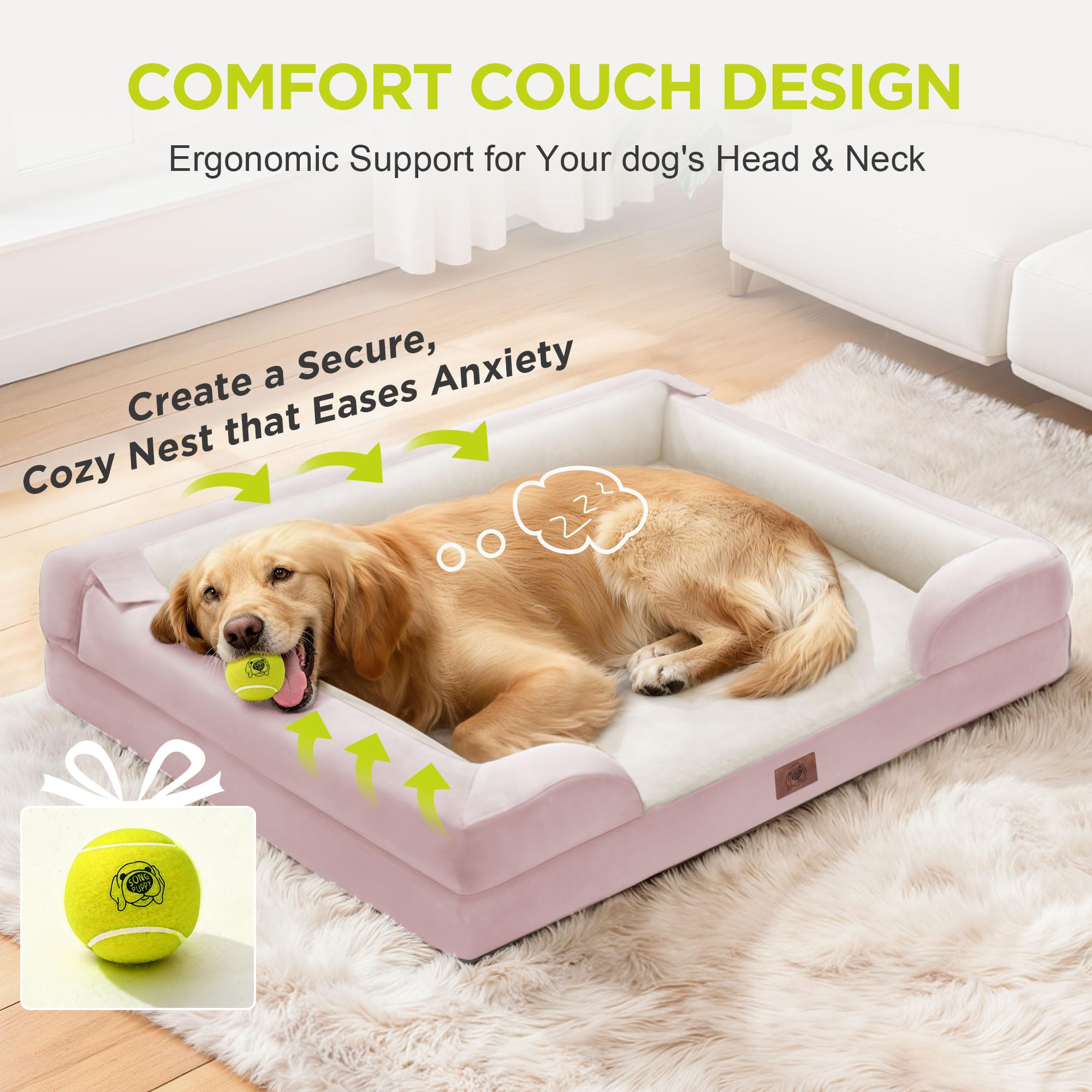 Extra Large Dog Bed, Orthopedic XL Washable Bed for Big Dog Waterproof Pet Couch Sofa Bolster with Removable Cover, Non-Slip Bottom, Tennis Ball Toy, 42x30 - image 7