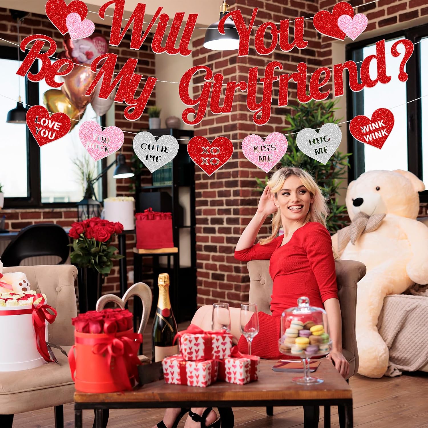 Red Glitter 'WILL YOU BE MY GIRLFRIEND' Proposal Banner with Heart-Shaped Cute Love Message Sign for Romantic Special Night Decorations, Engagements, Proposals, and Valentine's Day Party Supplies