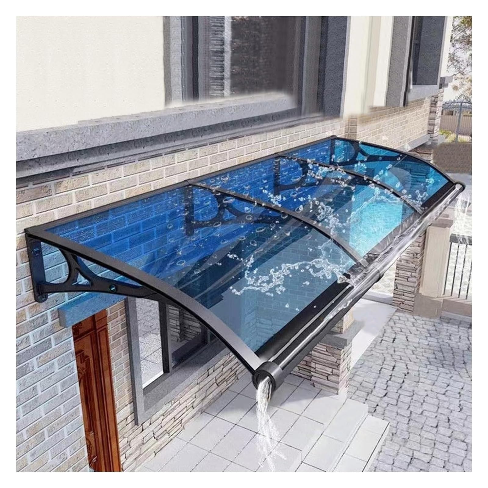 Auvent de porte haut de gamme en aluminium anodisé et polycarbonate bleu