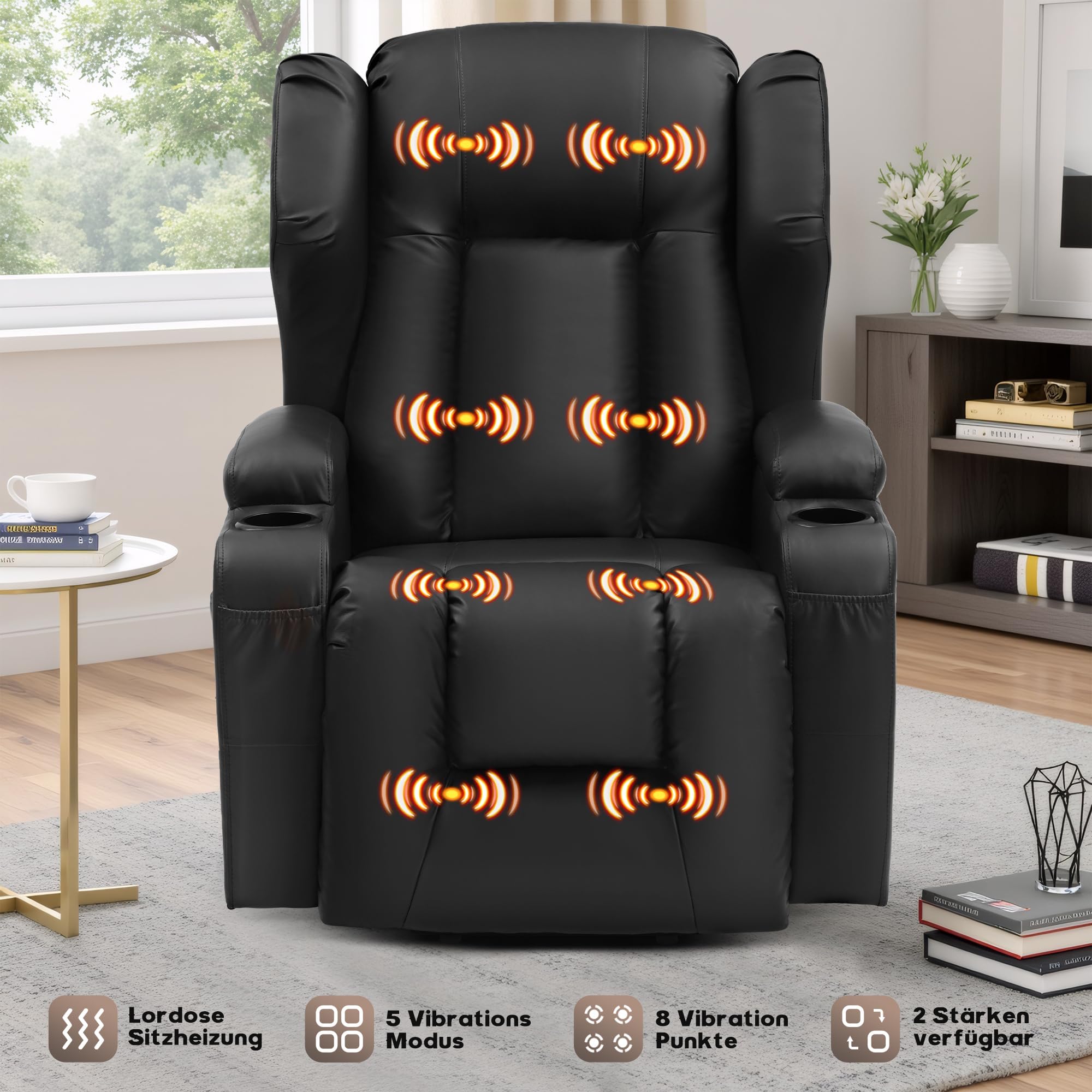Fernsehsessel mit Aufstehhilfe Elektrisch, Relaxsessel mit Liegefunktion, Massagesessel mit Massage Wärmefunktion Seniorensessel für Senioren, 2 Seitentaschen und Getränkehalters (Schwarz)