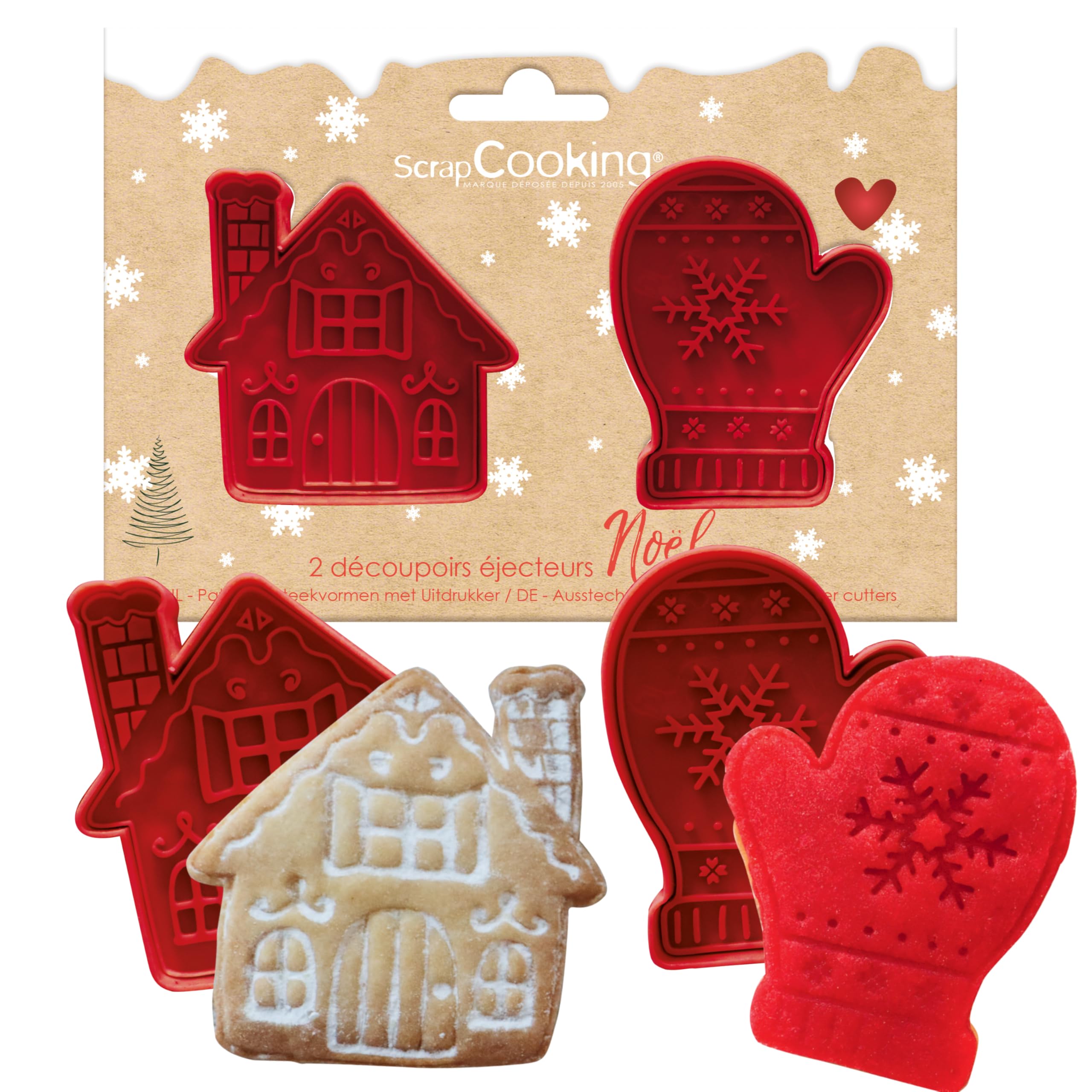 ScrapCooking - 2 Cookie Cutters with Christmas Ejectors - Moufle & Maison - 3D Cookie Cutters - Embosser Pastry for Shortbread, Small Cakes - Red - 2147
