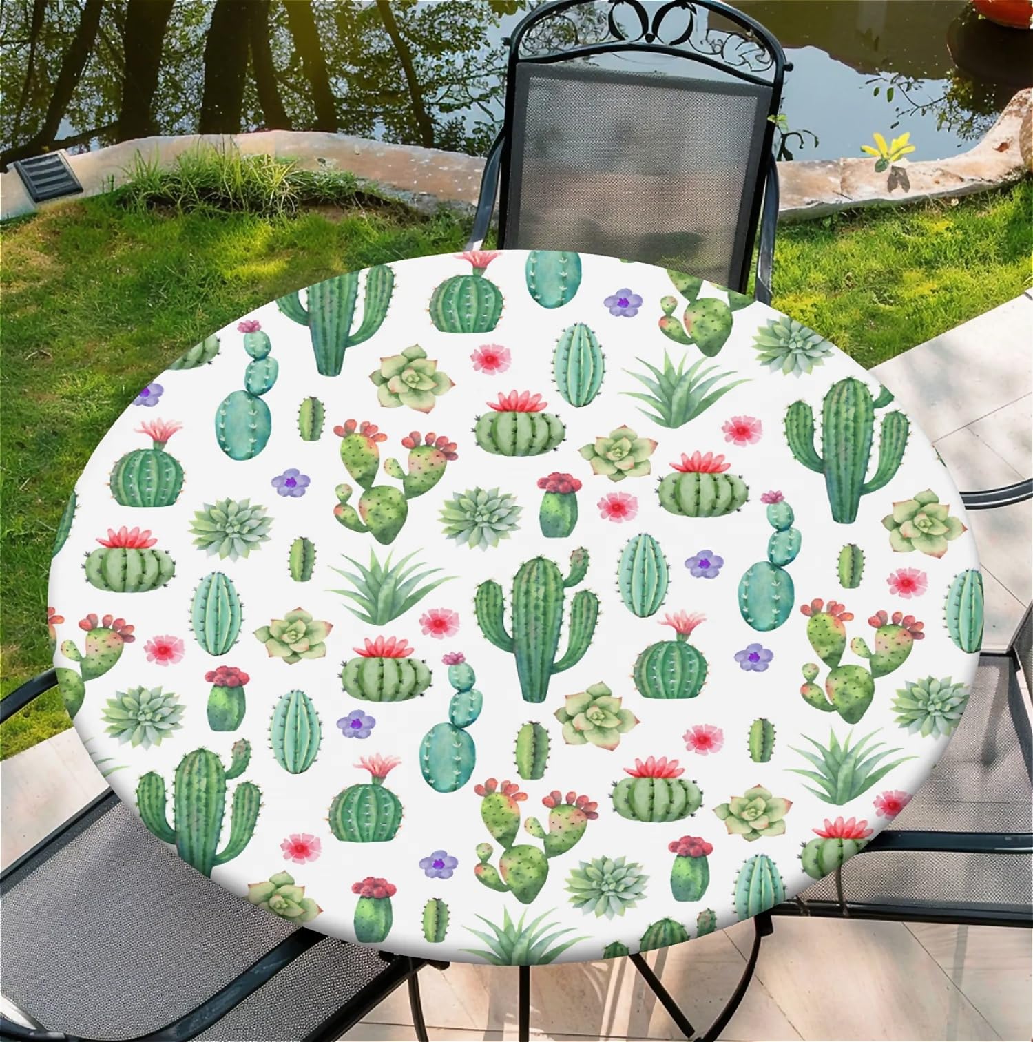 artslion Round Table Cloth with Elastic Edge 44 Inch– Waterproof Non-Woven Fitted Table Cover for Indoor & Outdoor Use – Cactus Patterns Tablecloth Perfect for Dining, Garden & Patio Tables