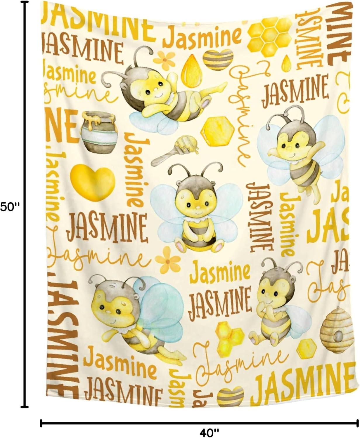 Personalized Baby Blanket for Girls Boys Bee Custom Baby Blanket with Name Swaddle Blanket for Toddlers Infants Kids Shower Newborns Nursery Stroller Crib Decor Throw Birthday Gift