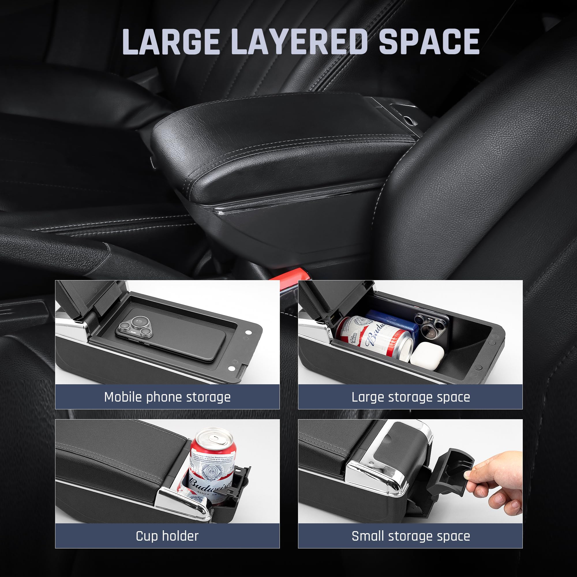 YJYWZH Car Armrest Box for Hyundai Venue 2021-2025 Accessories Center Console Organizer, Interior Double-Layer Storage Box Leather Arm Rest with Hidden Cup Holder (No USB Ports, Black Thread) - 4