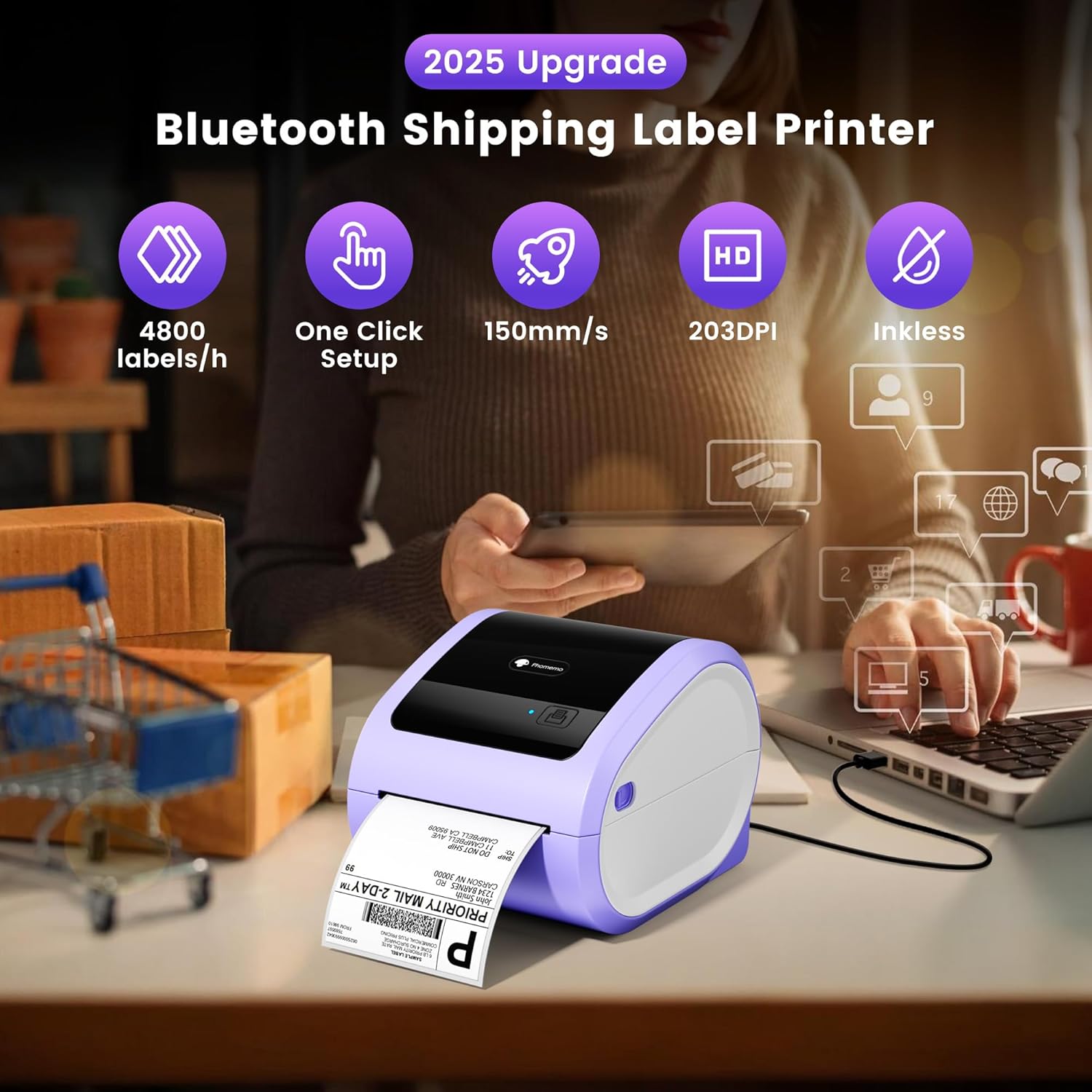 Phomemo D520BT Bluetooth Thermal Label Printer, 4X6 Wireless Shipping Label Printer Build-in Holder, Thermal Label Maker for Shipping Package, Compatible with Amazon, USPS, Shopify, Purple