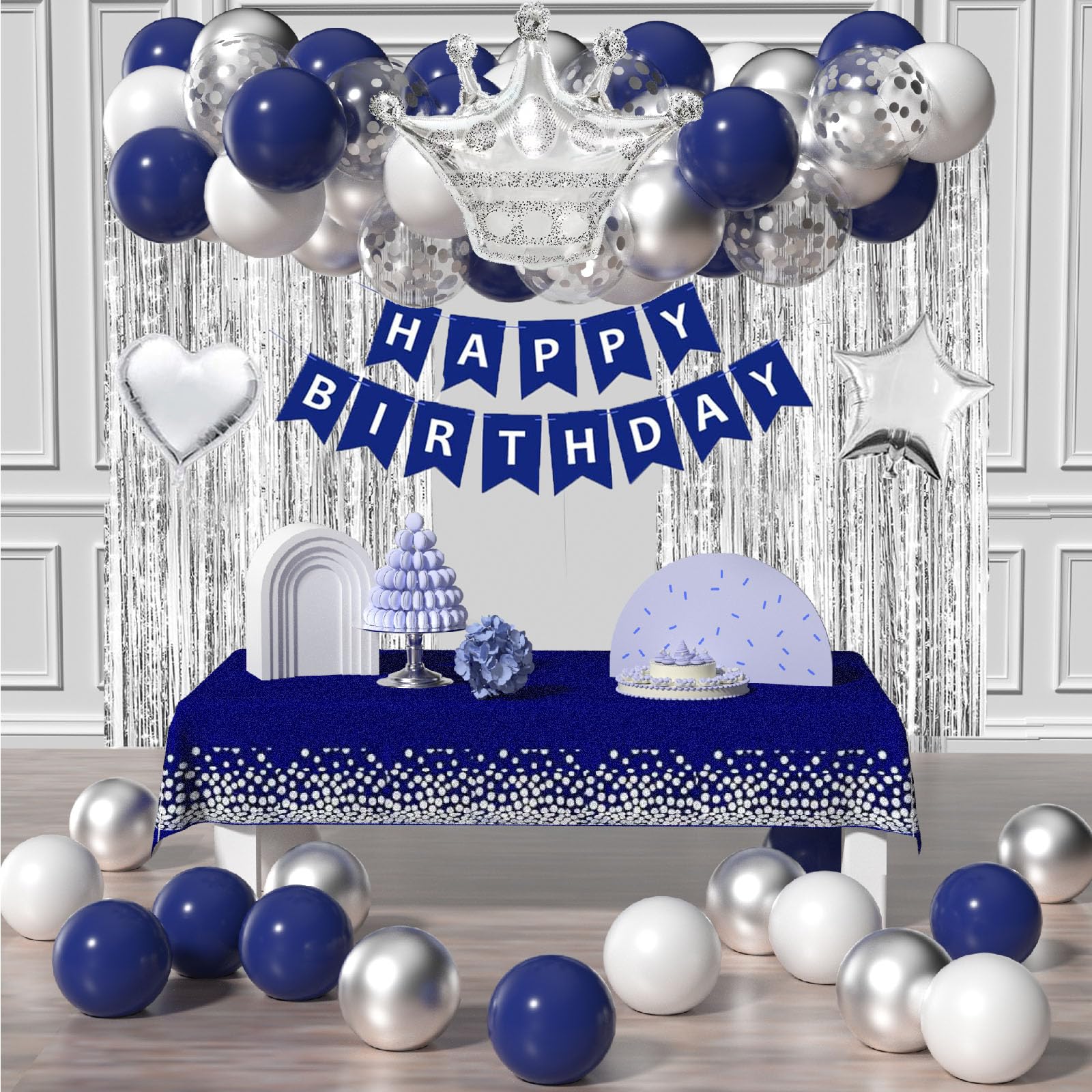 Navy Blue Birthday Party Decorations For Men-Navy Blue Silver White Latex Balloons,Foil Balloons,Birthday Banner, Fringe C...