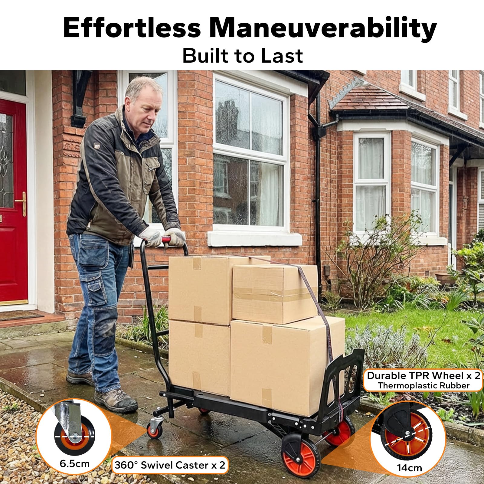 2-in-1 Sackkarre Klappbar 200 kg Tragkraft, Ohne Montage, Kombiniert Plattformwagen und Sackkarre – Ideal für Umzug & Garten, Orange
