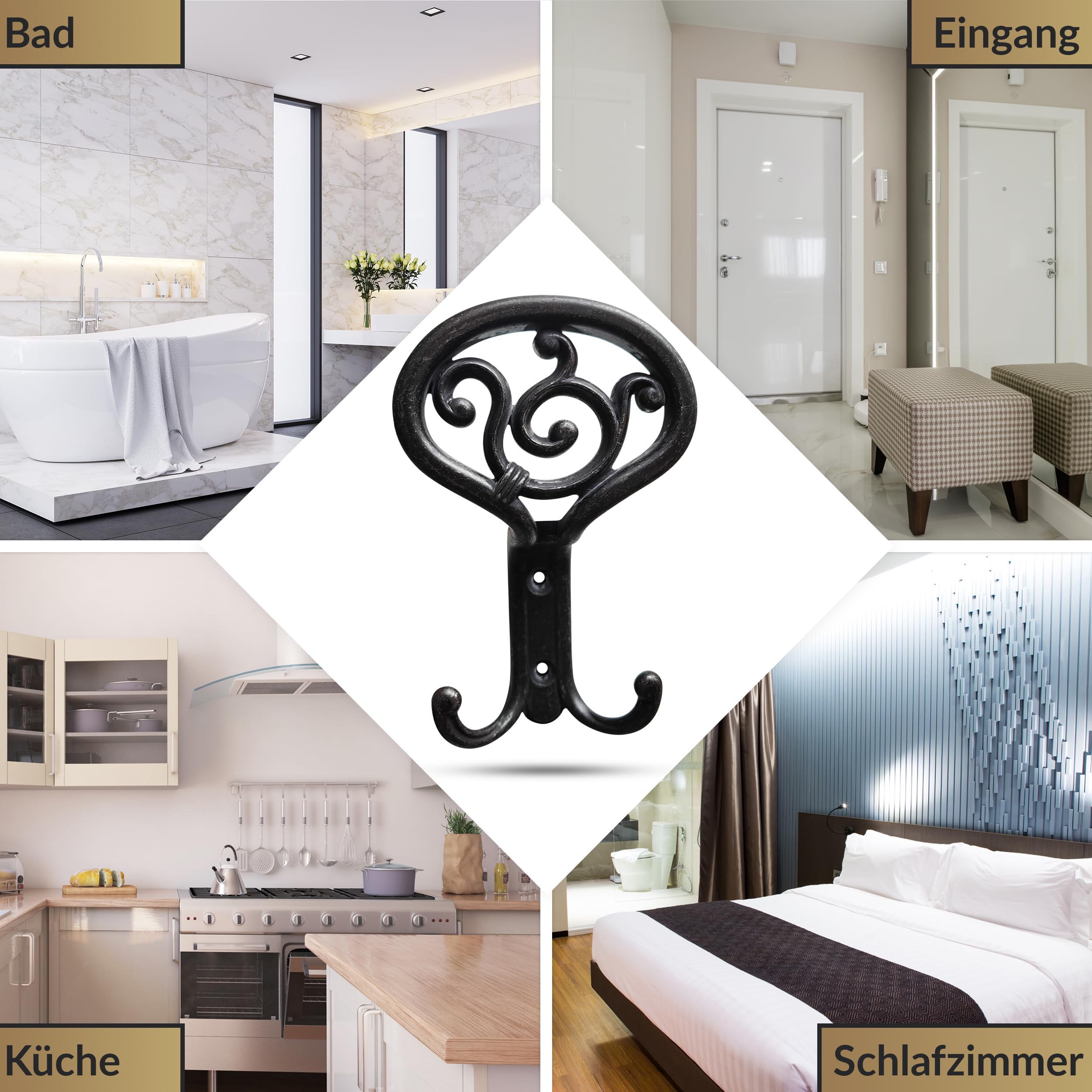 UTiLE 3 Stück Garderobenhaken Vintage Kleiderhaken Schwarz Wandhaken [Klimaneutral] Stabile Kleiderhaken Wand inkl. 12x Schrauben und 6x Dübel Retro Shabby Chick Landhaus Stil