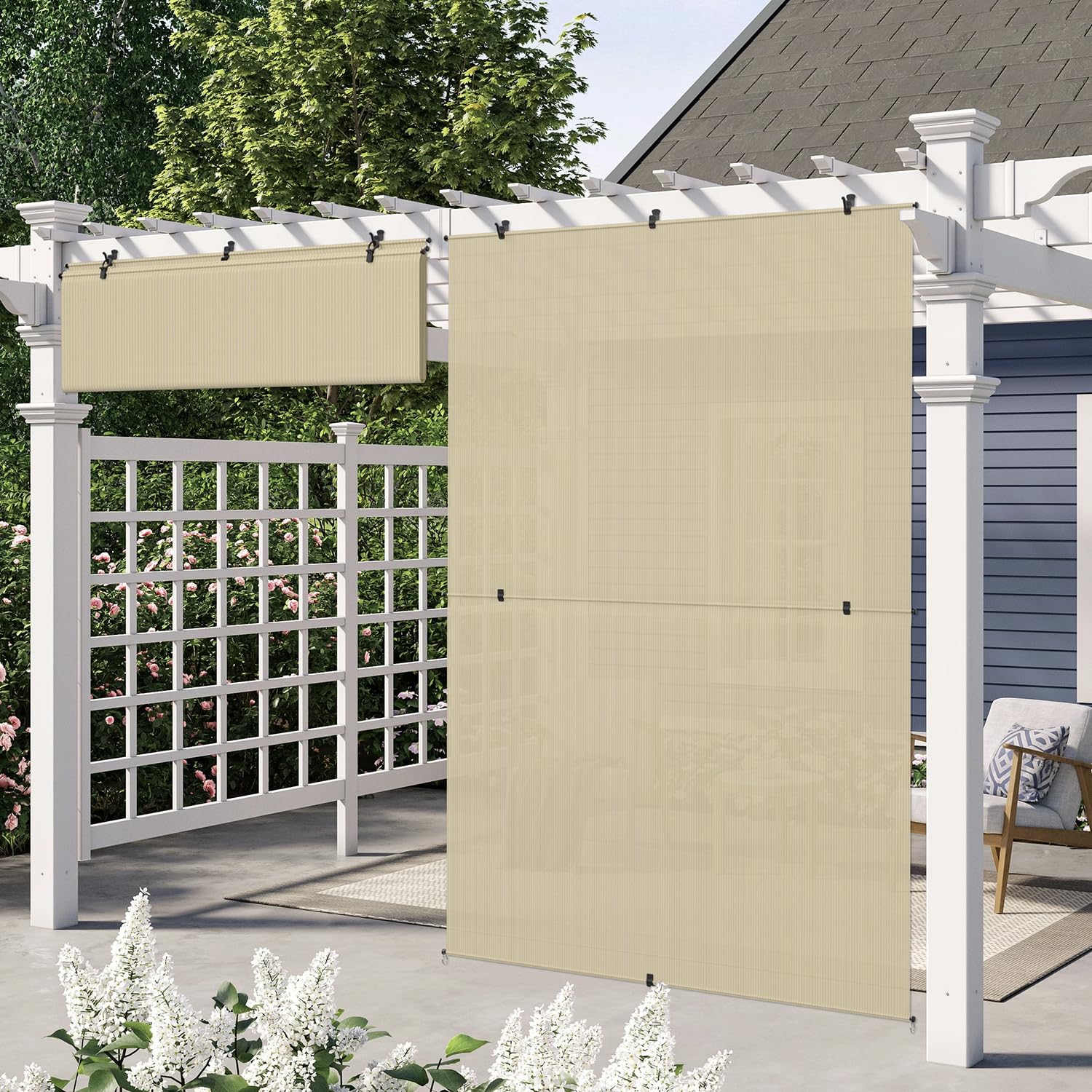 E&K Sunrise 7'W x 6'H Foldable Sun Shade Curtain Cordless Shade Blind UV Block for Patio Backyard Gazebo Deck Pergola Porch (Beige)