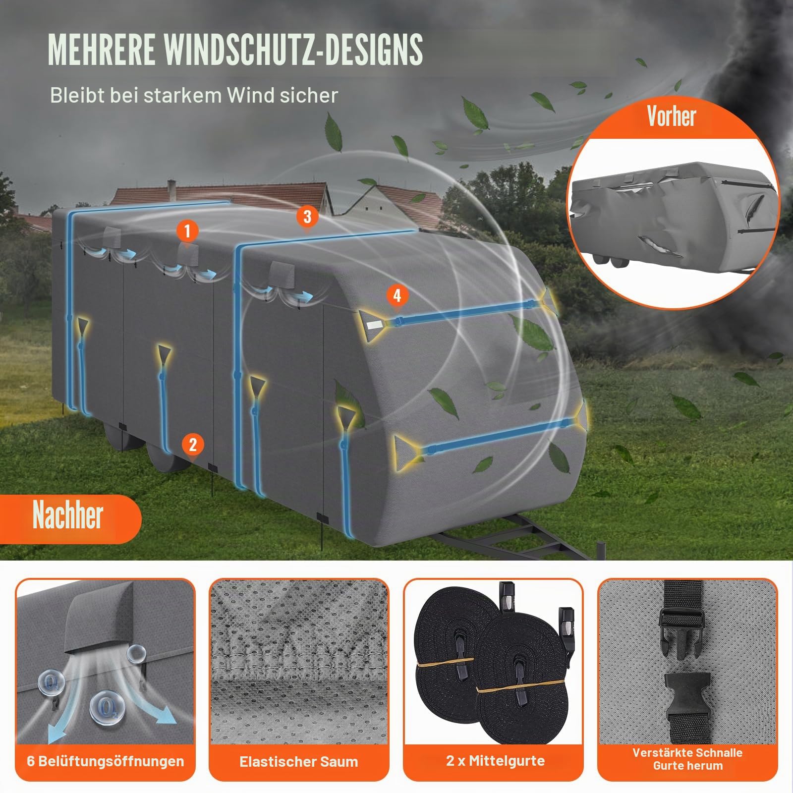 VEVOR Wohnwagen-Schutzhülle für 5,5-6,1 m Wohnwagen, Wohnwagenabdeckung aus Vliesstoff wasserdicht Winddicht sonnenbeständig, Universal-Wohnwagenhülle mit Aufbewahrungstasche Reparaturflicken Gurten