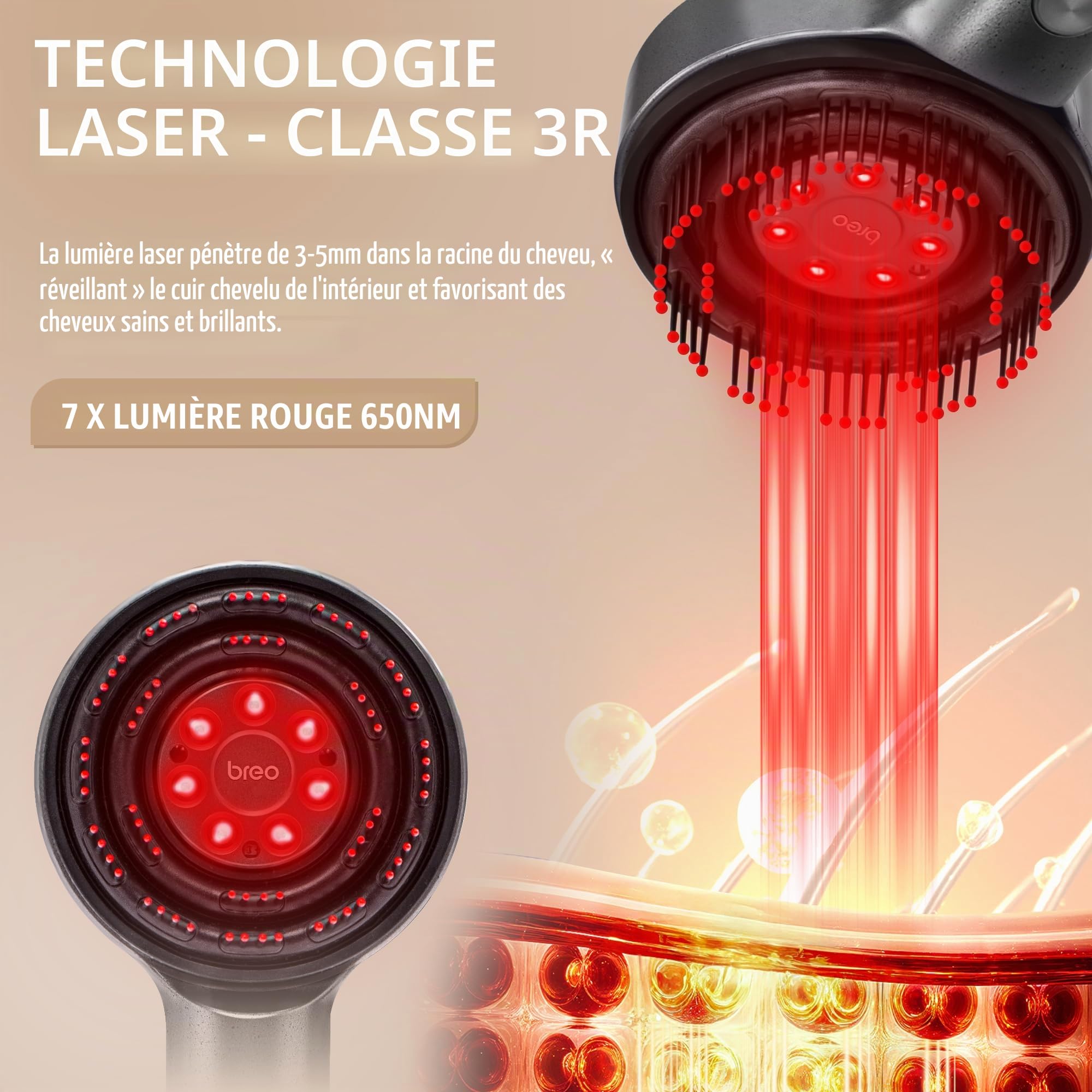 Breo Scalp3L Masseur de cuir chevelu laser pour la repousse des cheveux, masseur Shiatsu pour cuir chevelu avec thérapie à la lumière rouge, étanchéité IPX7, masseur électrique sans fil pour la