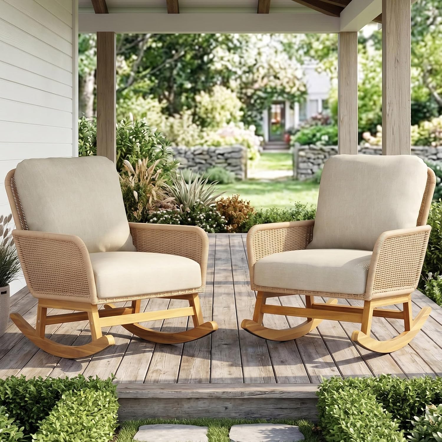 HRVEOCEI Outdoor Wicker Rocking Chair for Porch, All-Weather Patio Rocking Chairs with Soft Cushions & Wooden Frame, Rattan Rocker for Patio Garden Backyard, 300lbs Weight Capacity (Beige 2)
