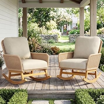 HRVEOCEI Outdoor Wicker Rocking Chair for Porch, All-Weather Patio Rocking Chairs with Soft Cushions & Wooden Frame, Rattan Rocker for Patio Garden Backyard, 300lbs Weight Capacity Beige 2