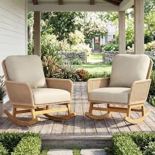 HRVEOCEI Outdoor Wicker Rocking Chair for Porch, All-Weather Patio Rocking Chairs with Soft Cushions & Wooden Frame, Rattan Rocker for Patio Garden Backyard, 300lbs Weight Capacity Beige 2