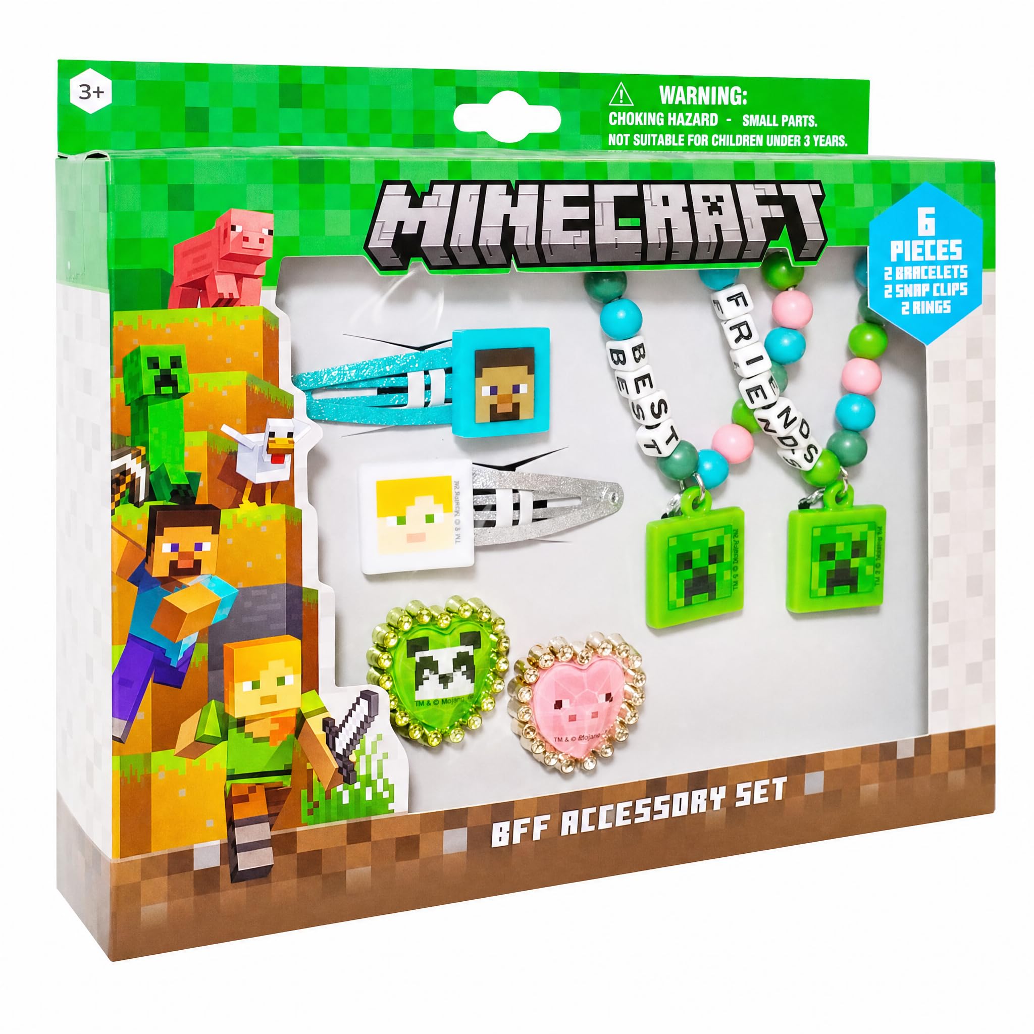 LUV HER Minecraft Girls BFF 6 Piece Toy Jewelry Box Set with 2 Rings, 2 Bead Bracelets and Snap Hair Clips Ages 3+