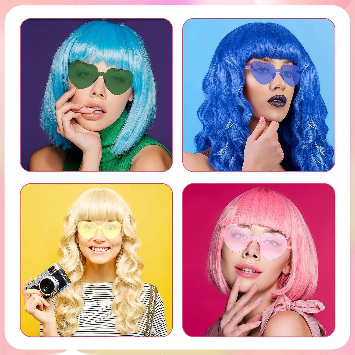 36 Pcs Colored Wig Set, Party Wigs Pack with Wig Caps and Heart Shape Sunglasses Colorful Short Bob Wig to Long Wavy Wigs for Women Cosplay Bachelorette Parties Halloween image 5