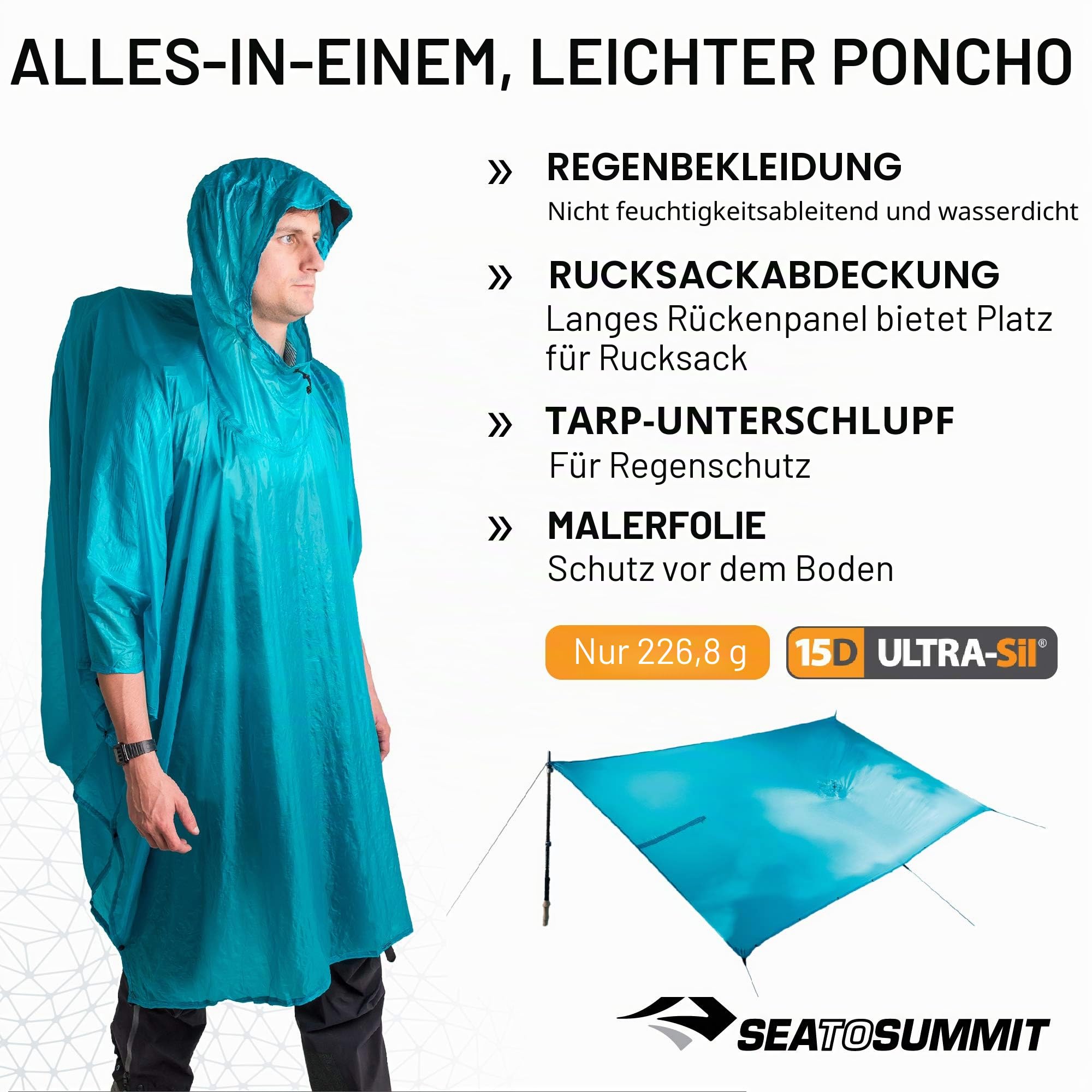 Sea to Summit Ultra-SIL Nano Tarp Poncho 4-in-1 Raincoat, Pack Cover, Groundsheet, and Shelter