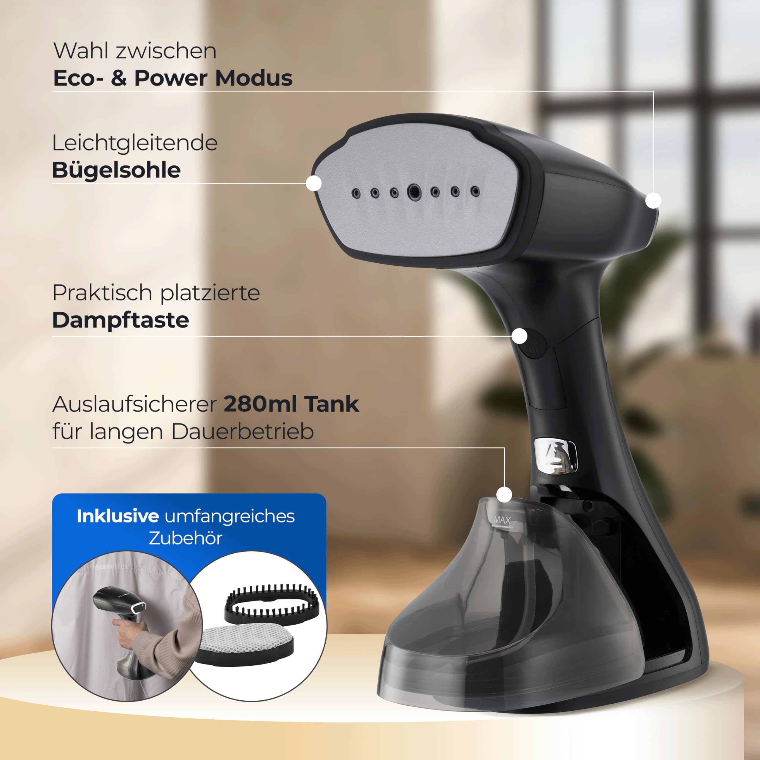 KLAMER Dampfglätter, 280 ml Wassertank, Dampfleistung 25g/min, 1800W, 2 Aufsätze geeignet für alle Stoffe von Seide bis Baumwolle, klappbar für Zuhause, Reisen und Büro