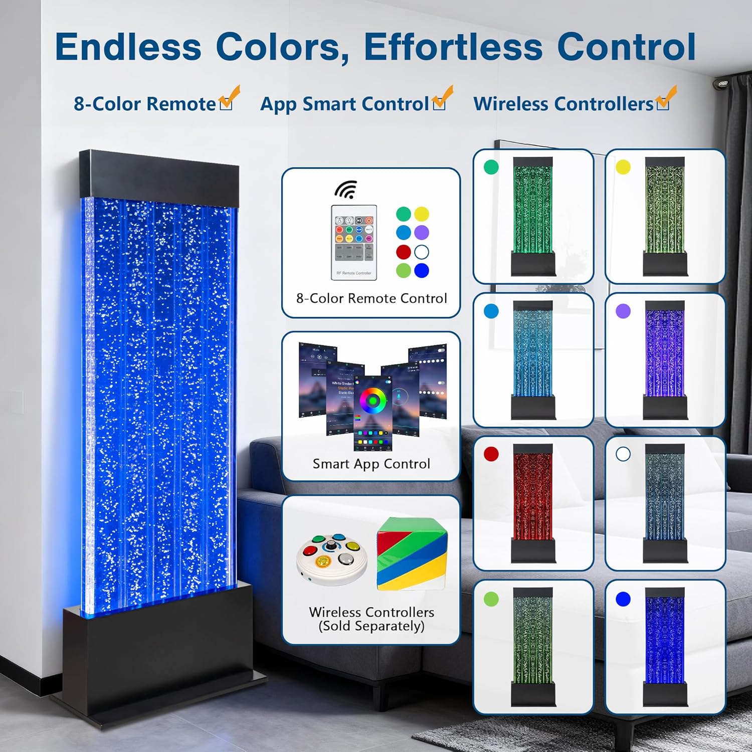 47" Floor-Standing Bubble Wall – LED Sensory Fountain with Color-Changing Water Panel, Remote & App Control for Sensory Rooms, Schools & Home