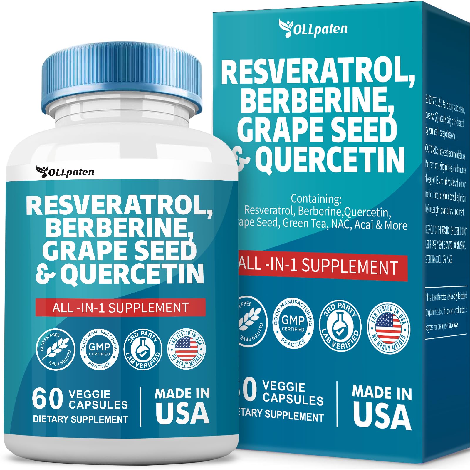 Resveratrol 6000mg Berberine 3000mg Grape Seed Extract 3000mg Quercetin 4000mg Green Tea Extract - Polyphenol Supplement for Women and Men with N-Acetyl Cysteine, Acai Extract - 60 Capsules