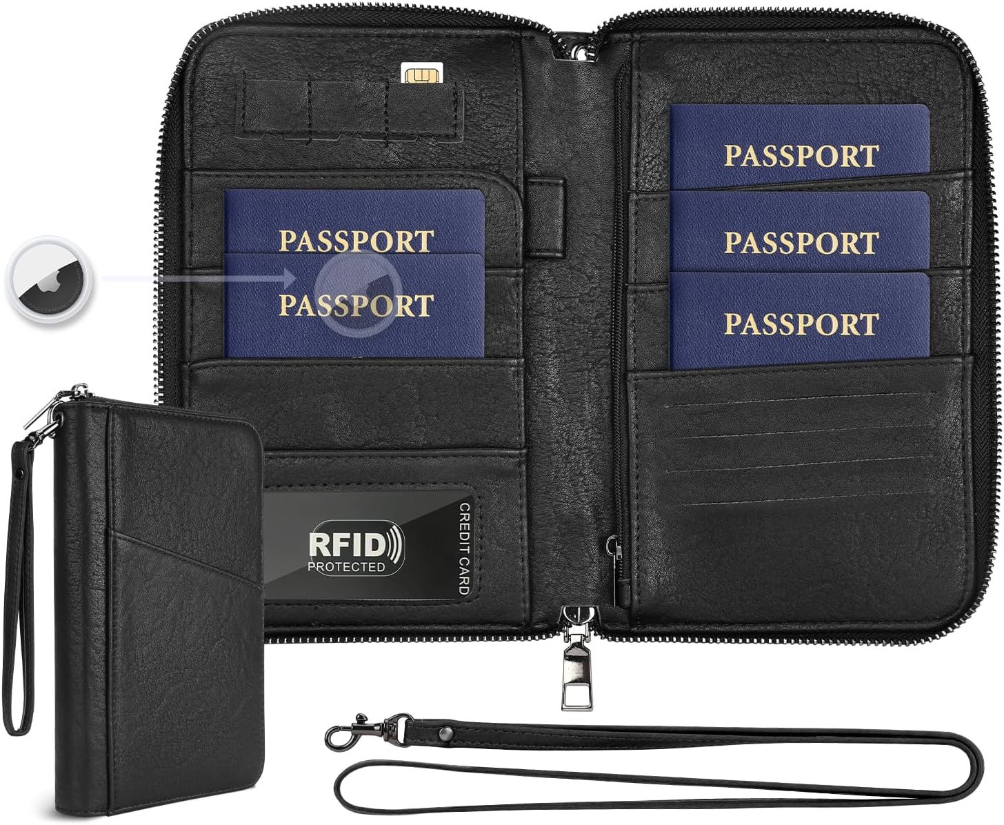 Family Passport Holder Wallet RFID Travel Document Organizer for Women Men, Portable Case Cover for Cards, Boarding Pass with Wrist & Neck Double Strap, Travel Gifts (Textured Black, 1pack)