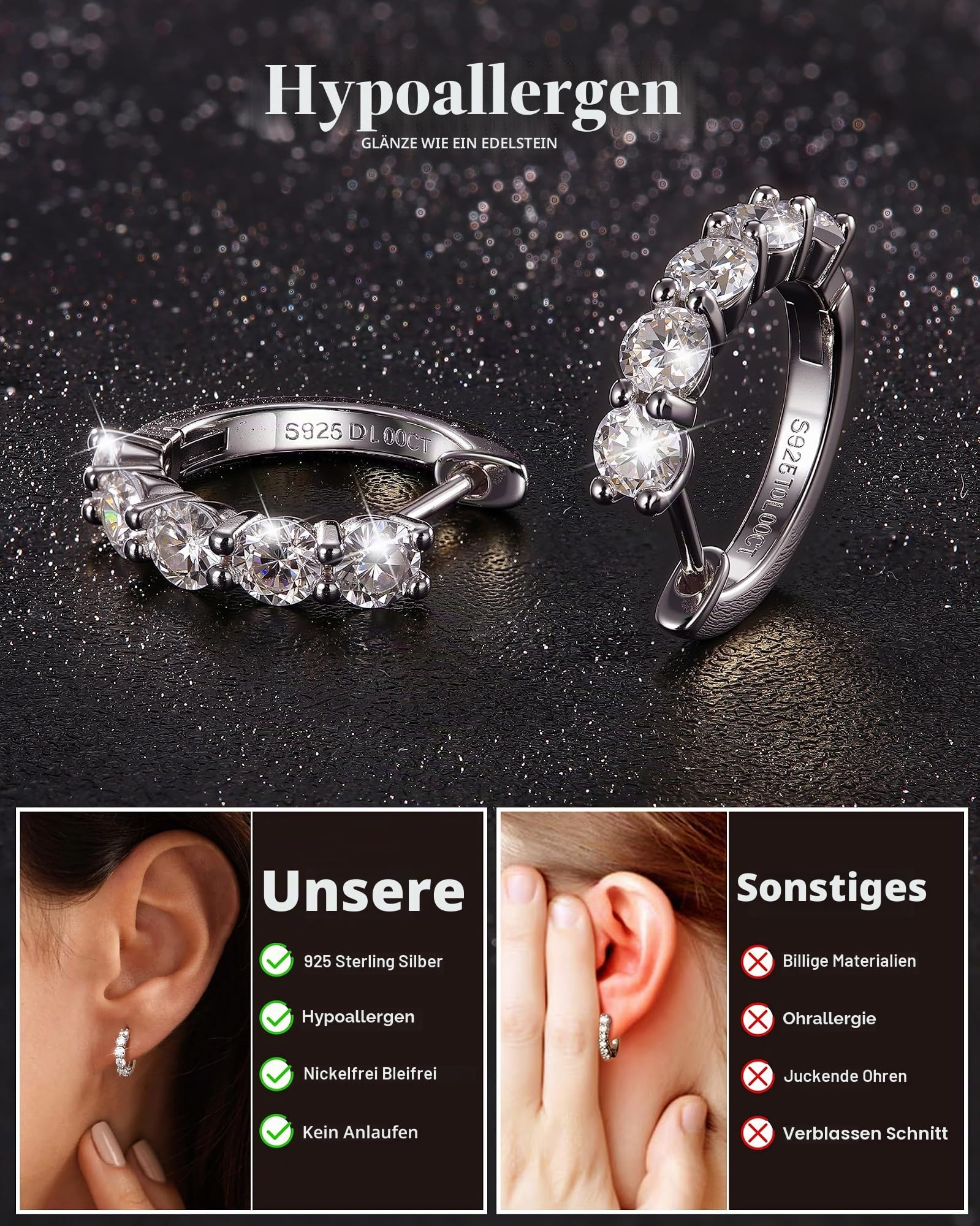 DOCHAIS Moissanite Ohrringe Silber 925 Damen 14K Vergoldetes Hypoallergene Ohrringe Hängende Moissanite Creolen Schmuck Für Frauen Valentinstag Geburtstag Geschenk 3.5mm