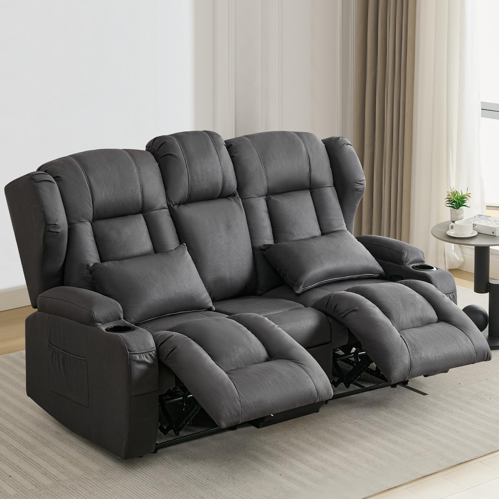 2er Relaxsessel mit Liegefunktion, Zweisitzer Fernsehsessel 2 Sitzer TV Sessel mit Konsole, Manuell Verstellbar Doppel Kinosessel bis 360 kg (Grau)
