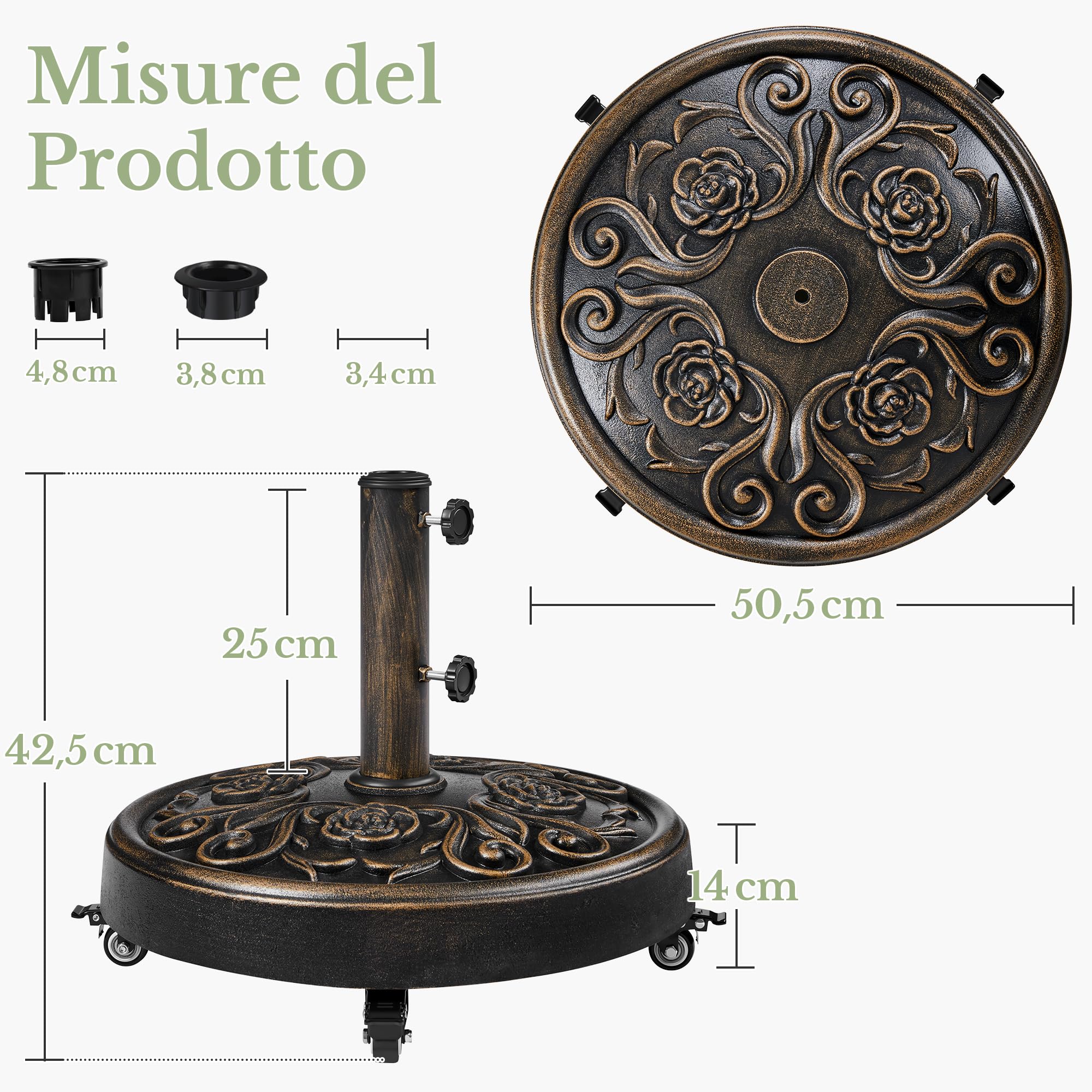Yaheetech Base per Ombrellone da Giardino con Ruote Base Autoportante Rotonda in Stile Rustico Vintage con Motivo a Rose per Esterno Spiaggia Terrazzo (Bronzo)