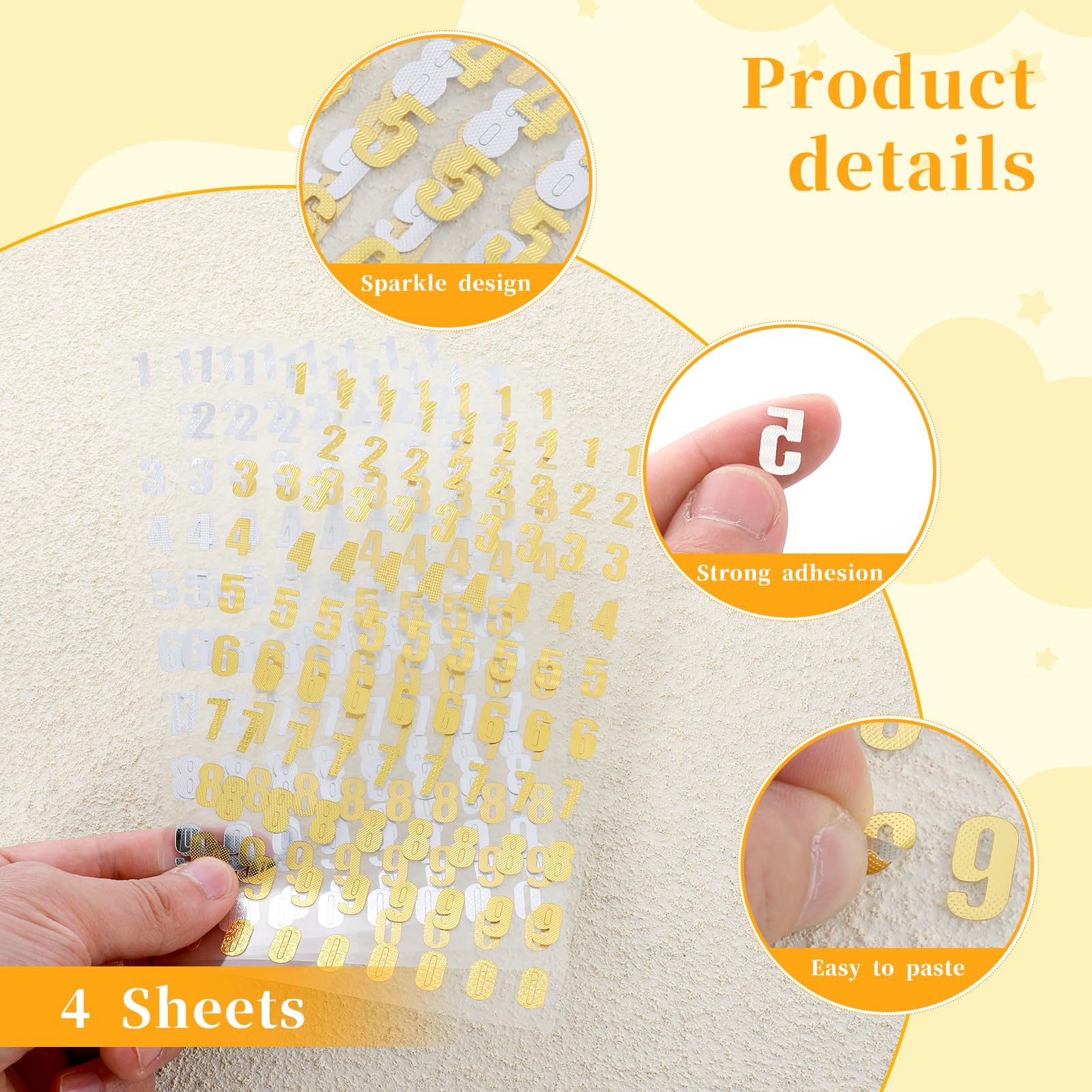 4 fogli di adesivi glitterati con numeri da 0 a 9, colore oro e argento, piccoli adesivi con numeri scintillanti, mini adesivi per lauree, per fai da