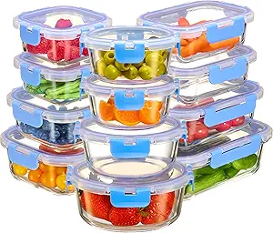 FineDine 24 Piece Glass Storage Containers with Lids - Leak Proof, Dishwasher Safe Glass Food Storage Containers for Meal Prep or Leftovers, Blue