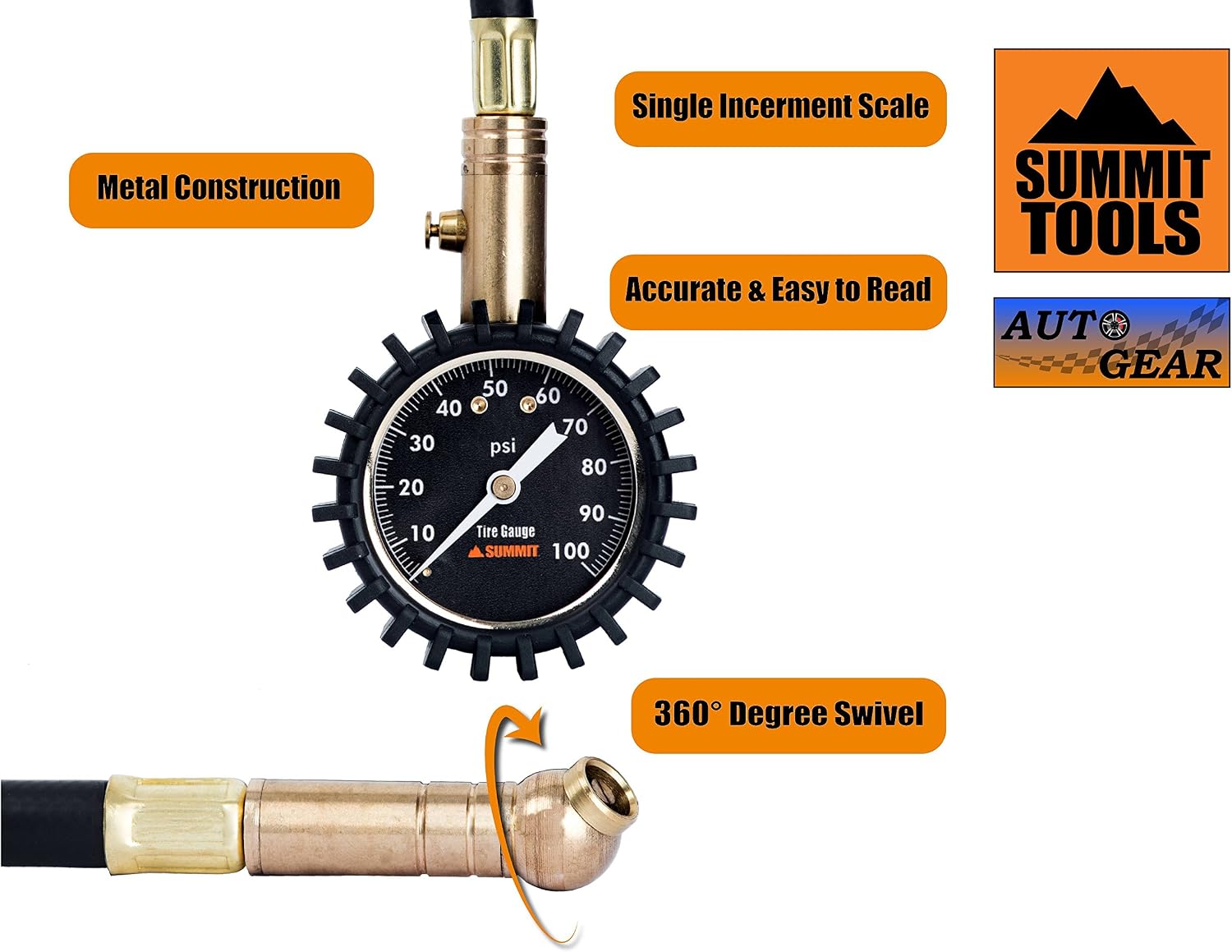 Summit Tools Tire Pressure Gauge with Glow Dial, 0 to 100 PSI, Hold Valve, 10 in. Flexible Hose, Pressure Bleeding Button, Rubber Head Cover. Automobile Accessory (ST-TIRE-PRES-2)