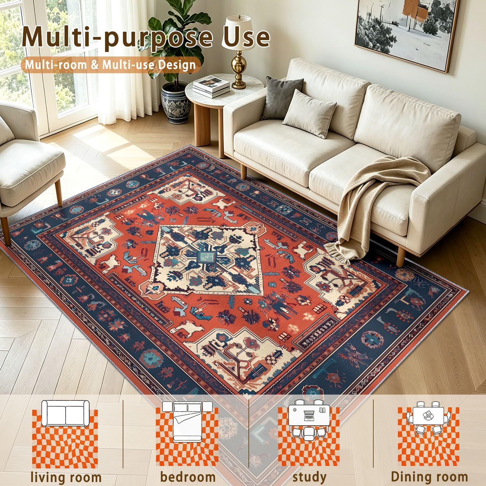 Boho Geometrisch Teppich Wohnzimmer 80 x 150 cm, Rot Blau Kurzflor rutschfest Waschbarer Teppich, Abstrakt Raute Rahmen Weich Teppiche für Schlafzimmer Büro Esszimmer Kinderzimmer