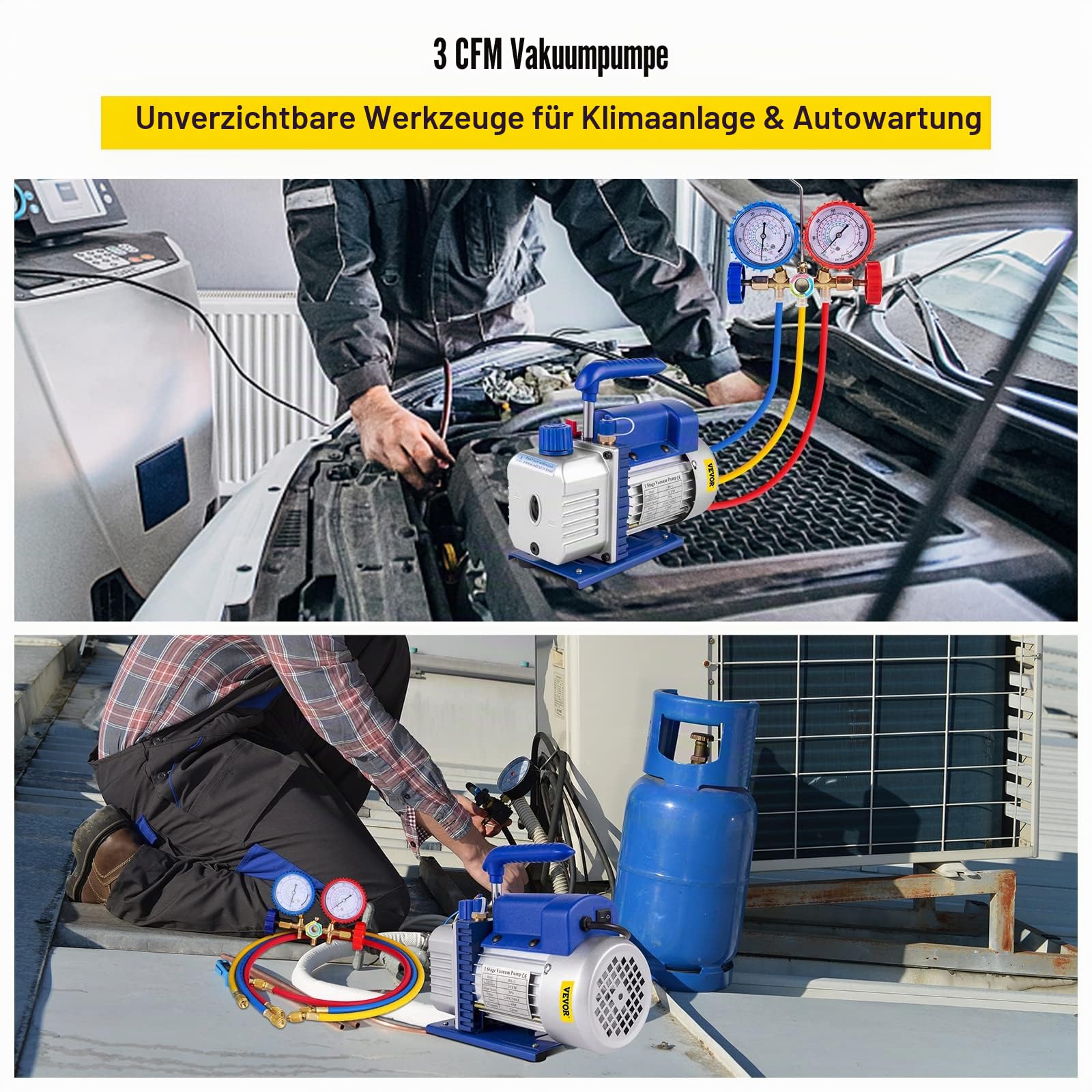 Mophorn Set Vakuumpumpe für Kältemittel, 3 CFM 1/4HP HVAC, Sammler-Messgerät AC/DC in einem kühlen Stock