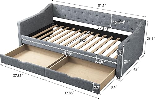 Miniatura 2 de Ball & Cast Sofá cama de tamaño individual con dos cajones y tapizado de lino, marco de cama de madera con botón en la parte trasera y brazos de