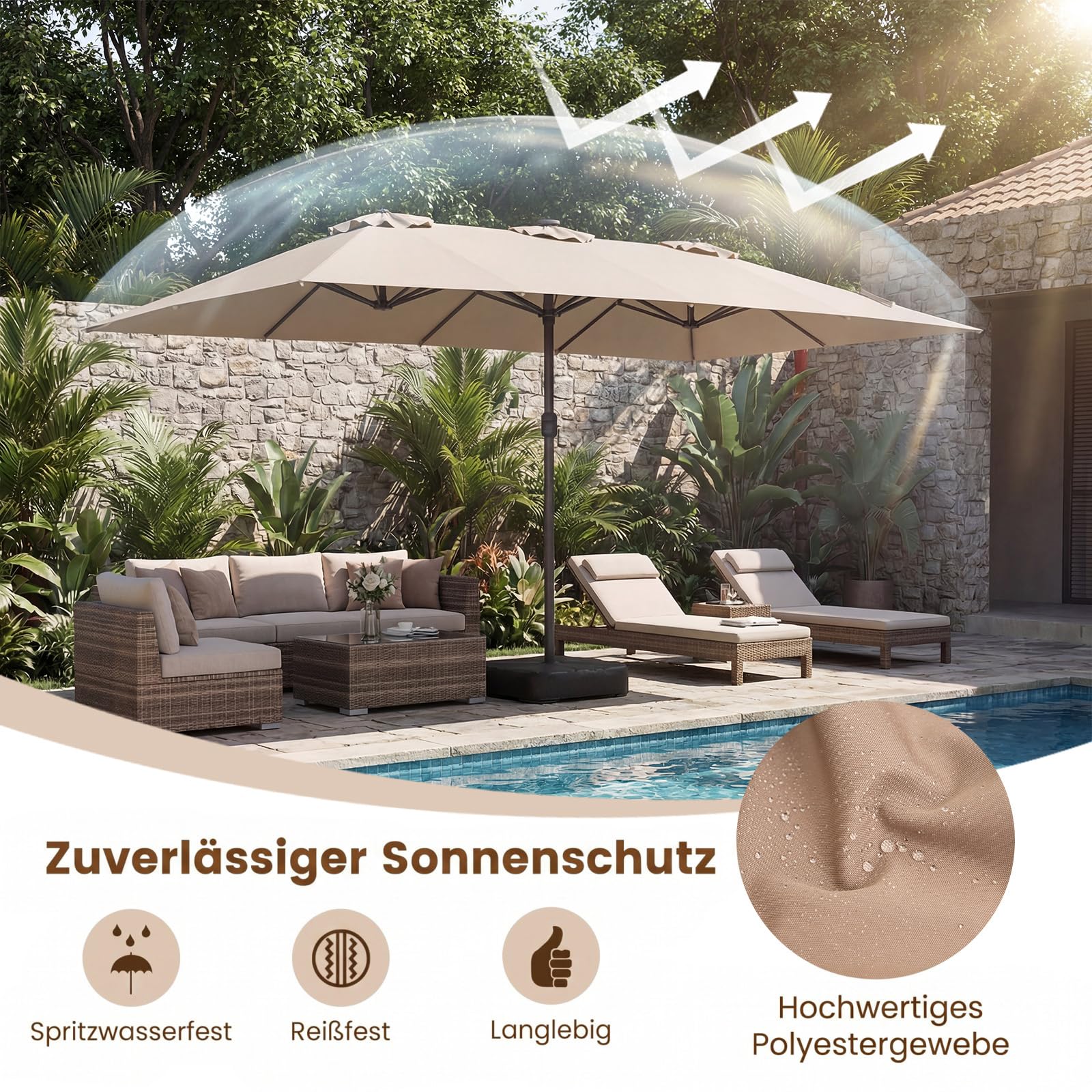 COSTWAY Doppelsonnenschirm mit Ständer und LED-Solar-Beleuchtung, 450 x 260 cm, Sonnenschirm Groß XXL, UPF 50+, Gartenschirm mit Kurbel, Terrassenschirm, Marktschirm für Garten, Terrasse, Beige