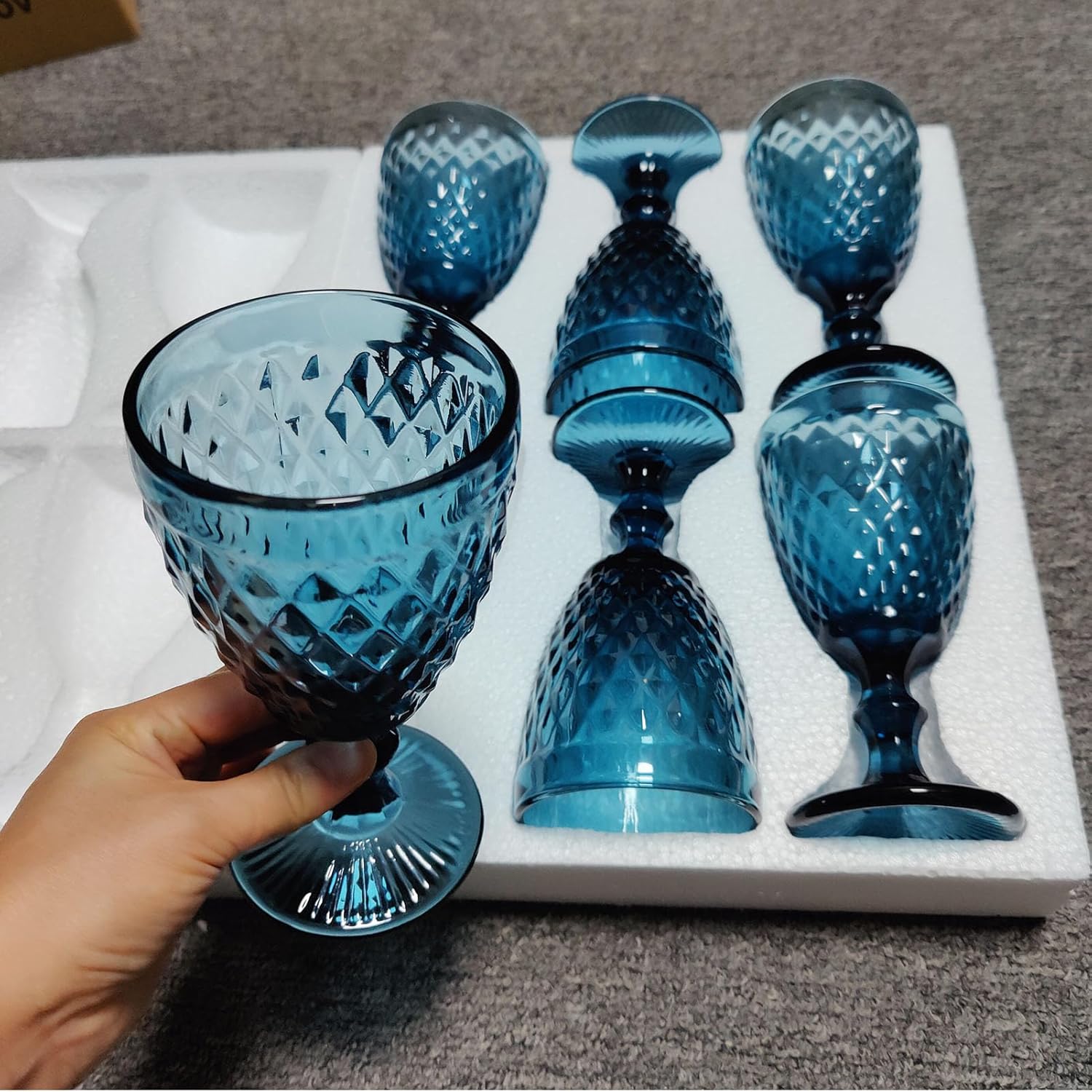 Blue Wine Glasses set of 6 Colored Drinking Goblets Vintage Embossed Glassware 10 OZ Pretty Water Stemmed Cup for Wedding Party Bar - Image 5