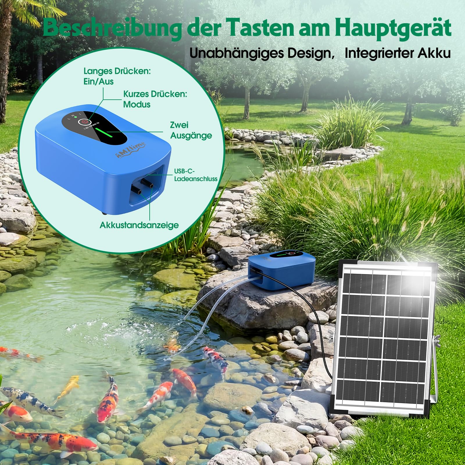 AMZtime 8 W Teichbelüfter Sauerstoffpumpe für Teich, Doppelpumpen Design Solar Sauerstoffpumpe mit Akku, Sauerstoff Luftpumpe 3 Modi 4 Luftsteine für Gartenteich, Angeln, Hydroponic