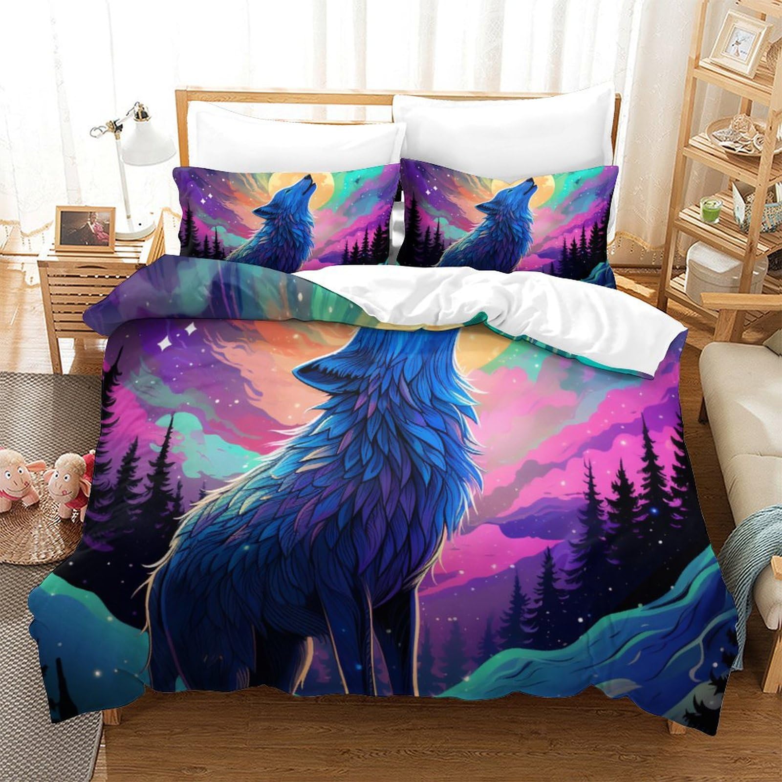Housse de couette loup 260x220 cm anti-plis et hypoallergénique pour lit king size