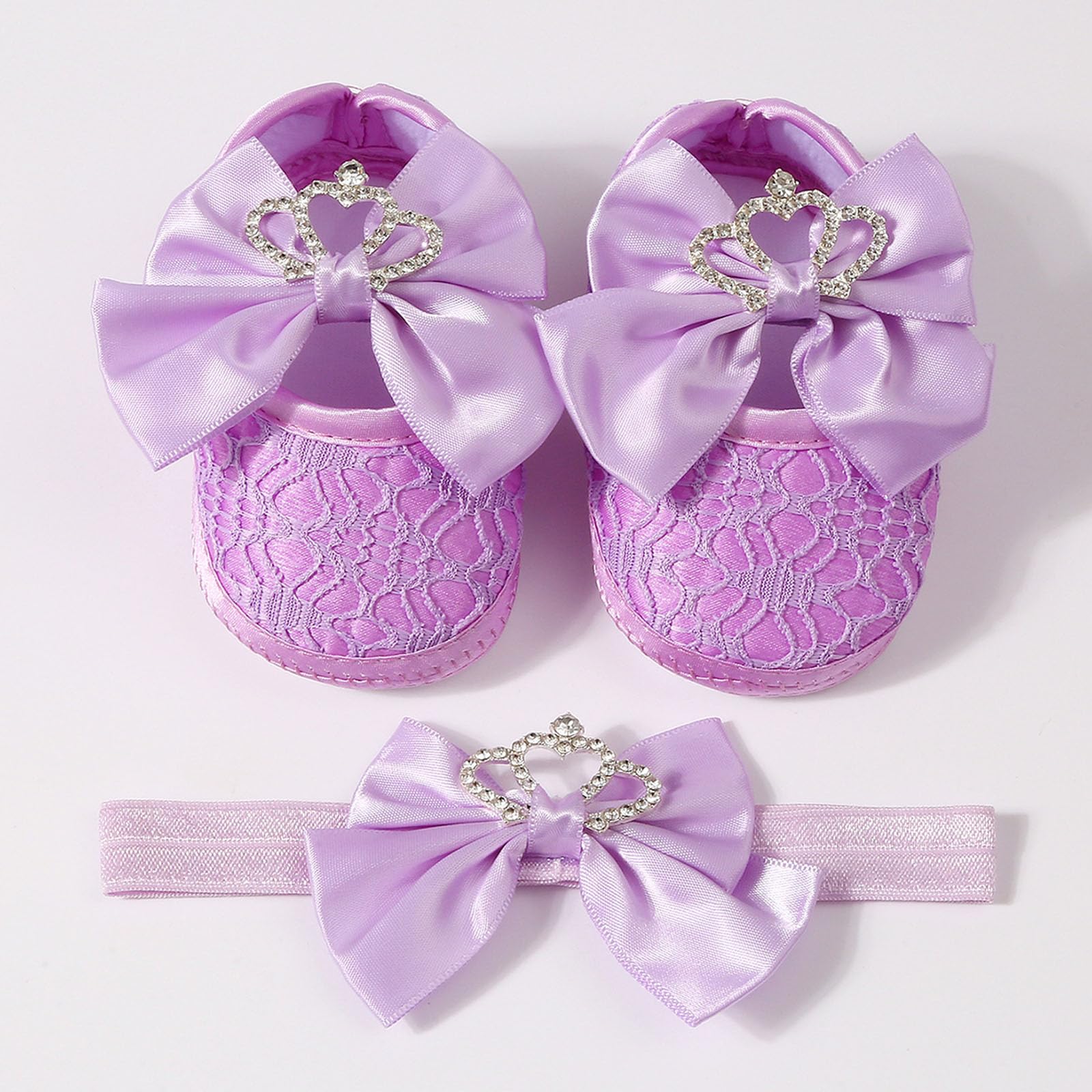 Stylish Crowns Bowknot Design Newborns Girl Shoe Headband Set Feature Soft Soles and Comfortable Fabric Soft Baby Footwearsophisticated Child Girl Footwear — view 9
