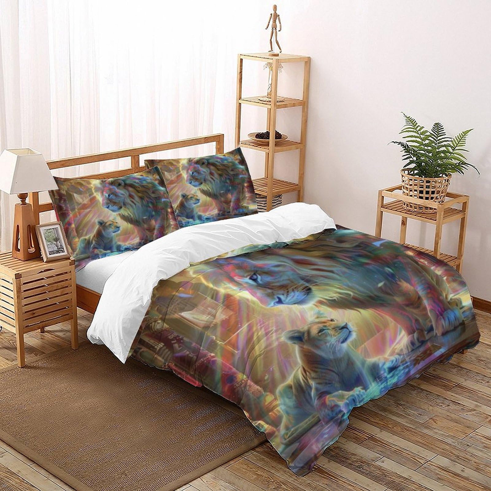 Parure de lit microfibre motif lion housse de couette zippée