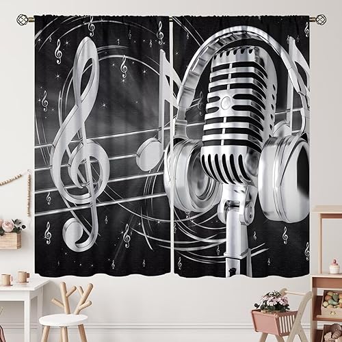 Miniatura 43 de Cortinas de notas musicales, rústicas, mágicas, notas musicales, arte retro, piano y violín, cortina con bolsillo para barra para dormitorio, sala