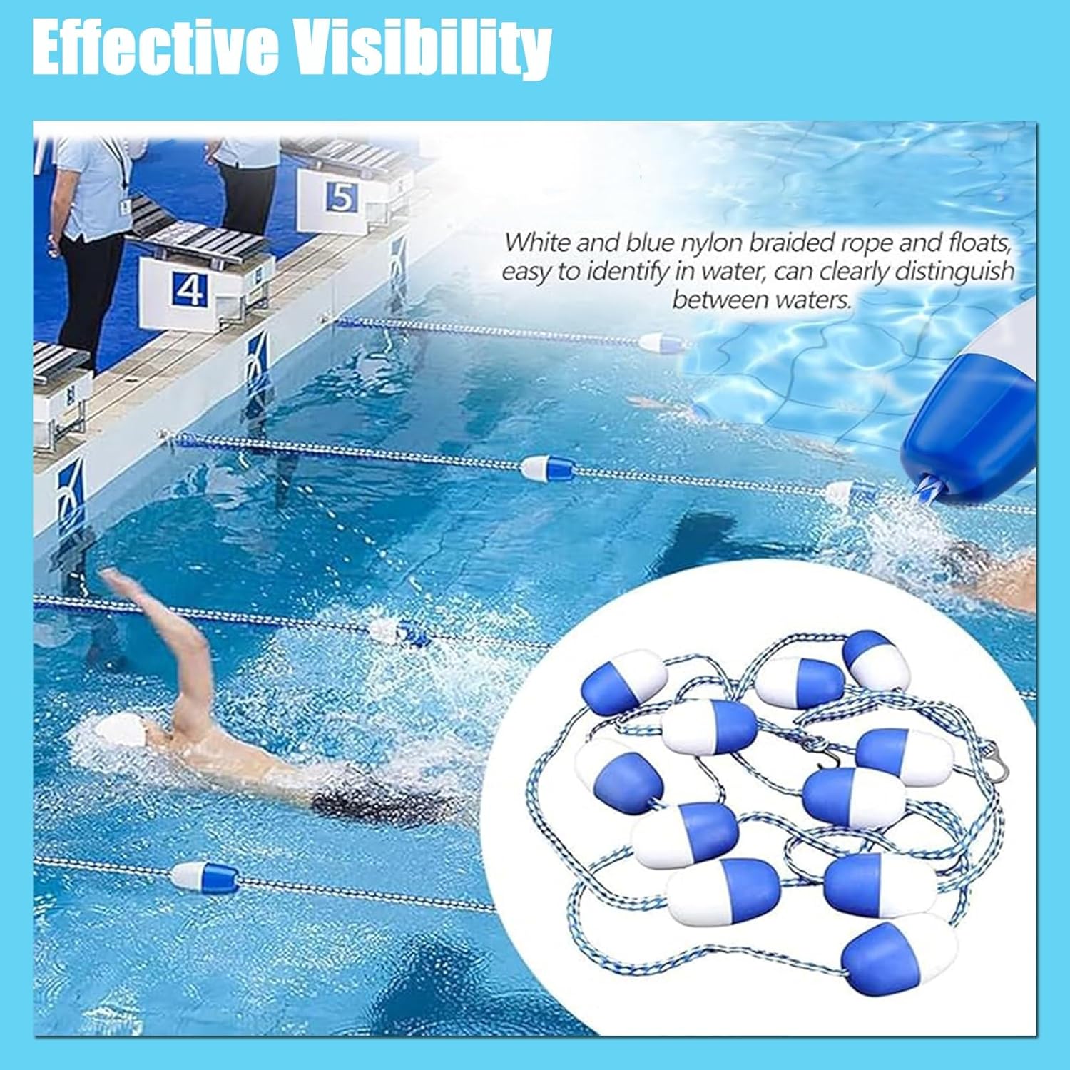 295ft Safety Rope with Floats, Pre-Assembled Divider Buoy with Hooks,Adjustable Pool Safety Rope Easy to Install - Floating Barrier for Indoor and Outdoor Swimming Pools Separating Depth