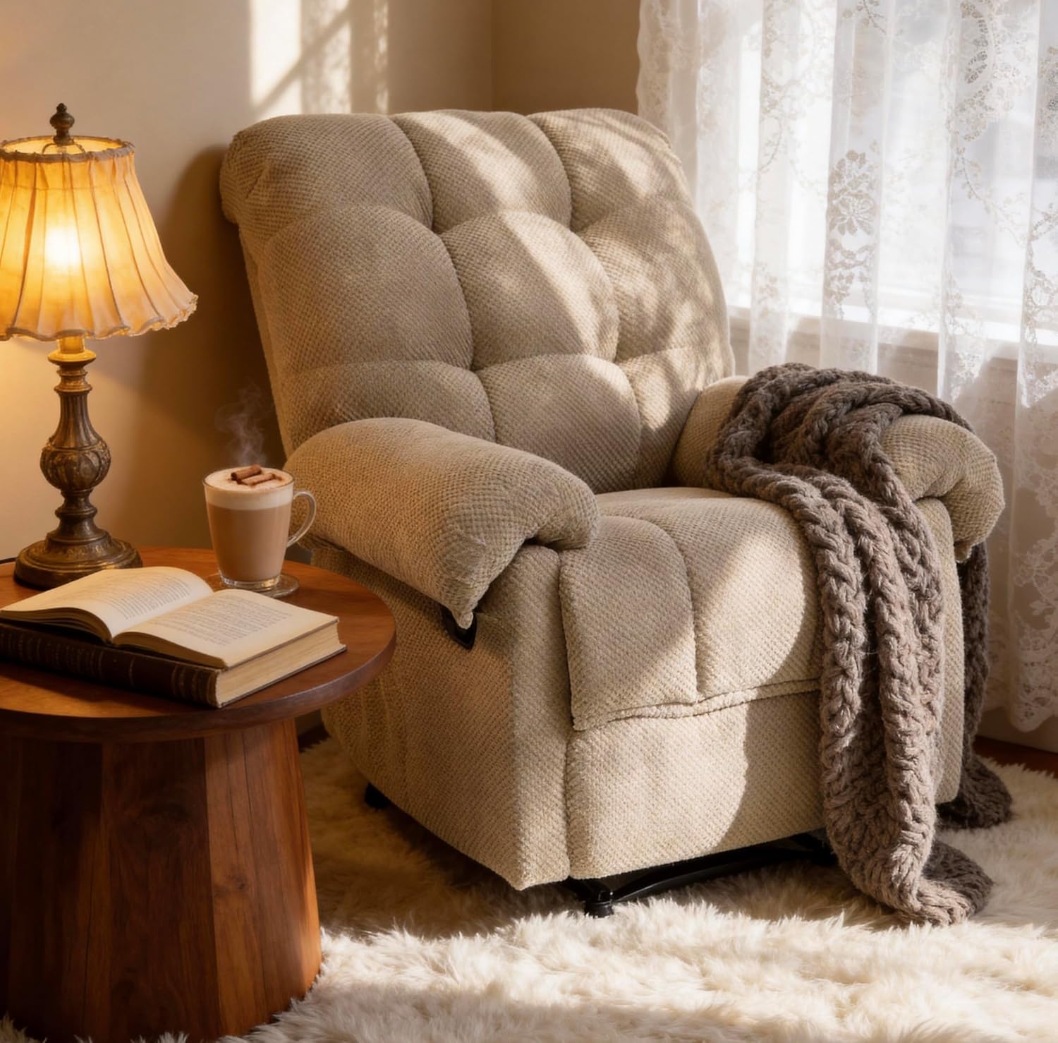 Ergonomic Comfy Reclining Chair, 165° Zero Gravity with Generous Footrest, Fabric Recliner Supportive Armrests & Side Pocket for Nursery, Living Room & Small Spaces (Camel)