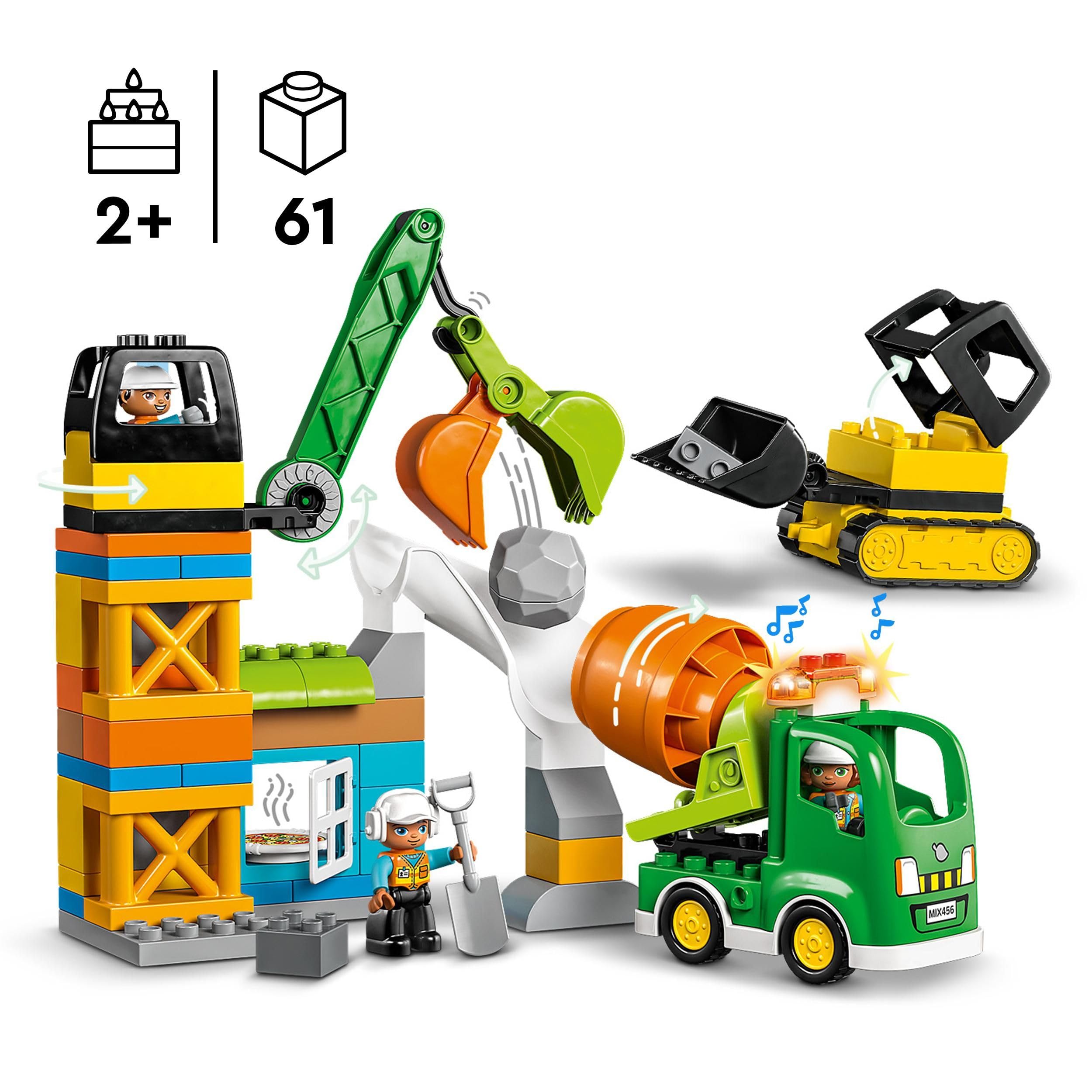 LEGO 10990 Duplo Obra, Set de Construcción con Grúa, Juguetes Educativos para Niños y Niñas de 2 Años o Más, Excavadora y Hormigonera, Minifiguras, Ladrillos de Iniciación y Caja de Almacenamiento