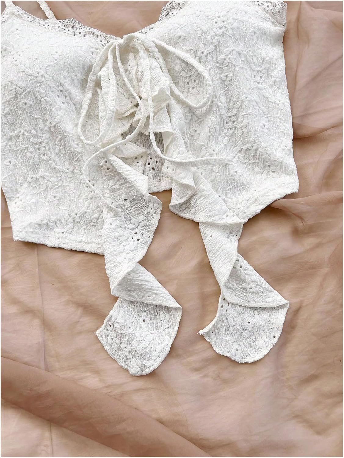 SOLY HUX Women's Lace Going Out Crop Tops Tie Front Asymmetrical Ruffle Trim Camisole Coquette Shirts - Image 5