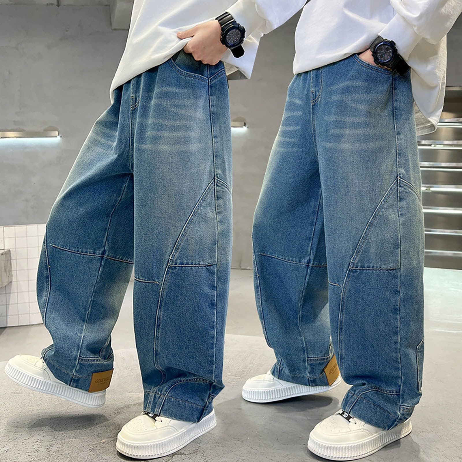 Vaqueros Niño 4-12 Años Ancho Pantalon Vaquero Adolescentes Chico Cintura Elastica Rectos Vintage Hippies Streetwear Jeans Pantalones Vaqueros de Trabajo Denim Holgados Invierno 2026