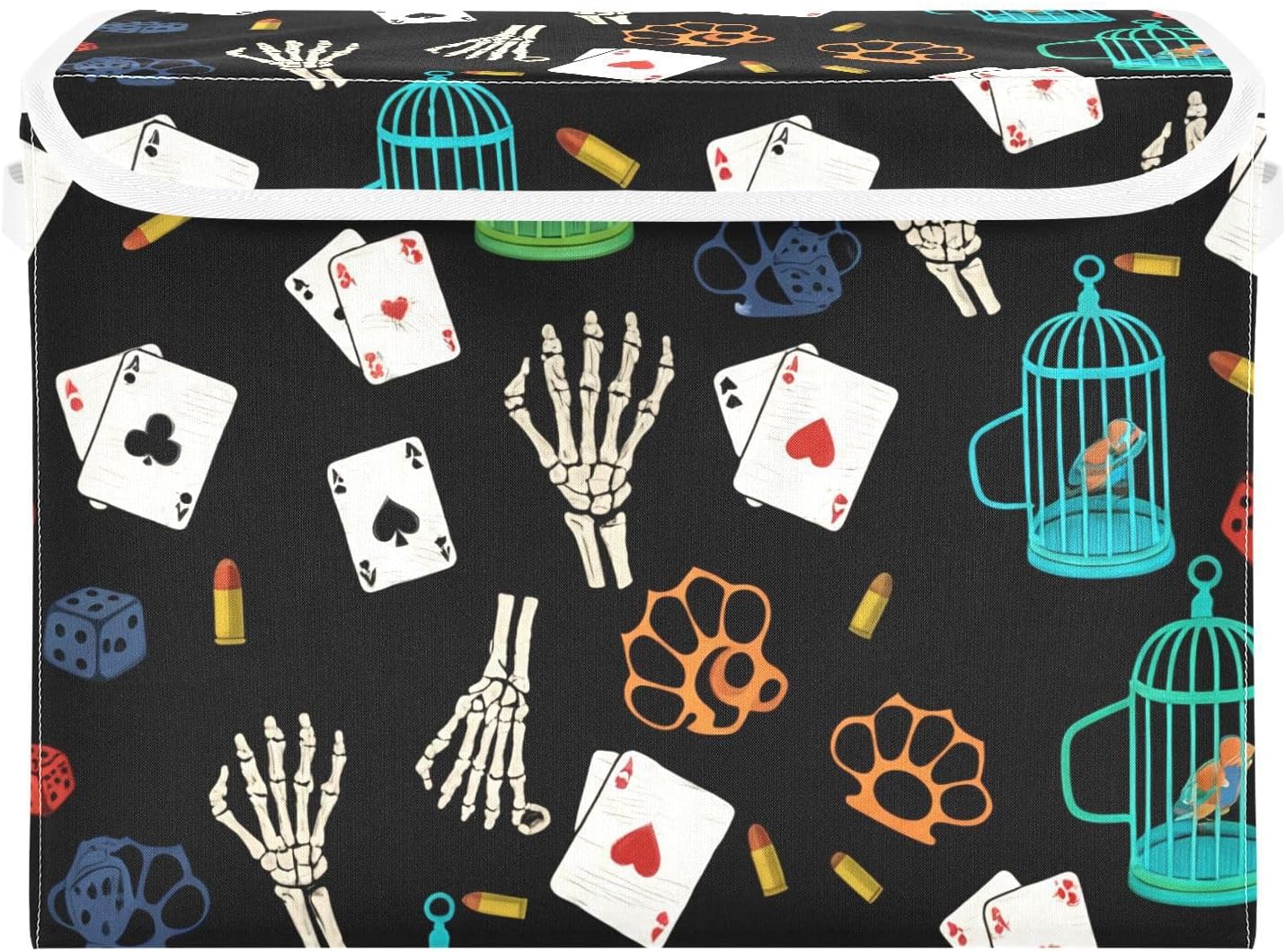 Playing Cards Pattern Lidded Storage Bins with Handles - 16.5"x12.6"x11.8" Foldable Organizing Box, Oxford Fabric & Honeycomb Board, Dust-Proof Flip Lid for Closet/Office