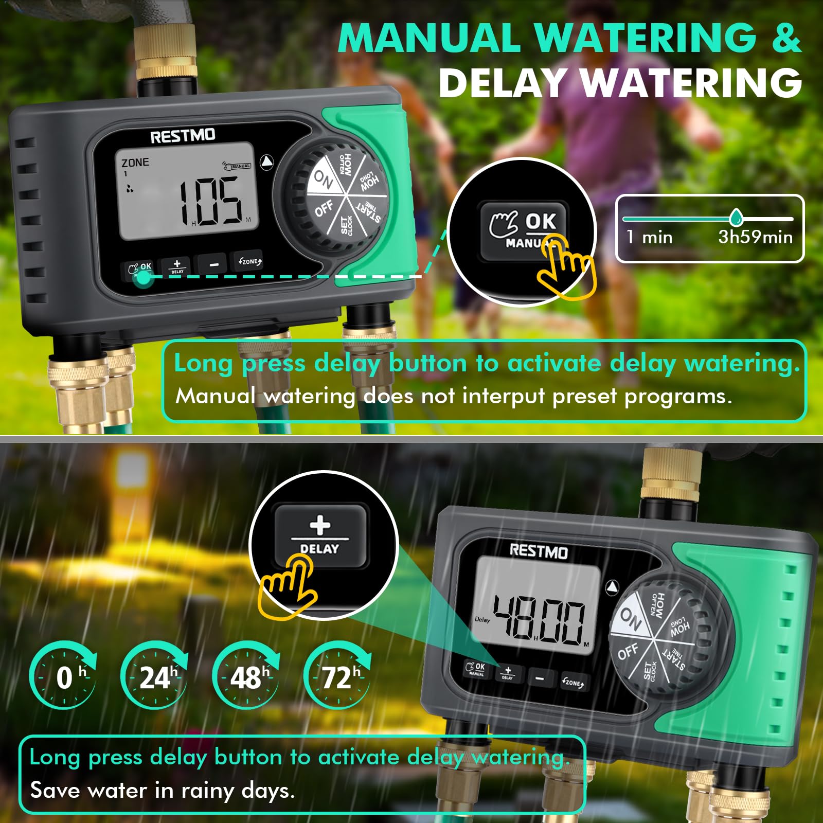 RESTMO Timer irrigatore a 4 uscite con ingresso in ottone, timer dell'acqua programmabile a 4 zone per tubo da giardino, controllo digitale automatico, ON/OFF manuale, ritardo pioggia, per rubinetto